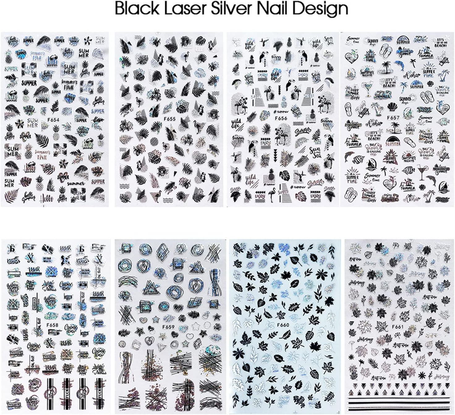 Fall Nail Art Stickers Decals Leaf 8Pcs 3D Self-Adhesive Holographic Gold Black Silver Leaf Manicuring Foils Geometric Slider Nail Art Adhesive Decor (Silver) image number 2