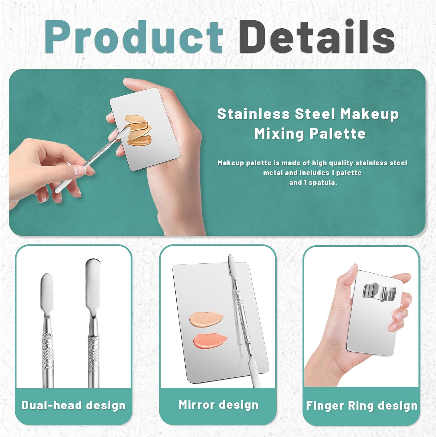 Makeup Mixing Palette Set Includes Make up Spatula, 100 Pieces of Makeup Hand Palette Single Use Cosmetic Tape, Foundation Palettes with Finger Ring on the Back for Make up Artist (Silver) image number 2