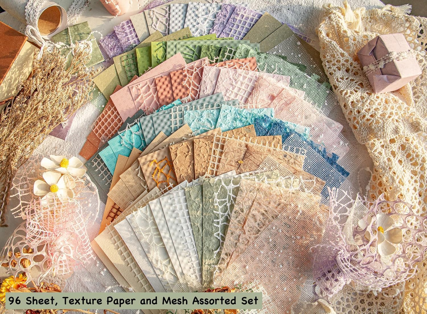 96 Sheets Textured Scrapbook Paper and Mesh Fabric Assorted Set, 6 Pack Mixed Special Paper for DIY Scrapbook Decor Planner Journal Supplies Mixed Media Collage Card Embellishments, 3.9X5.5 Inch