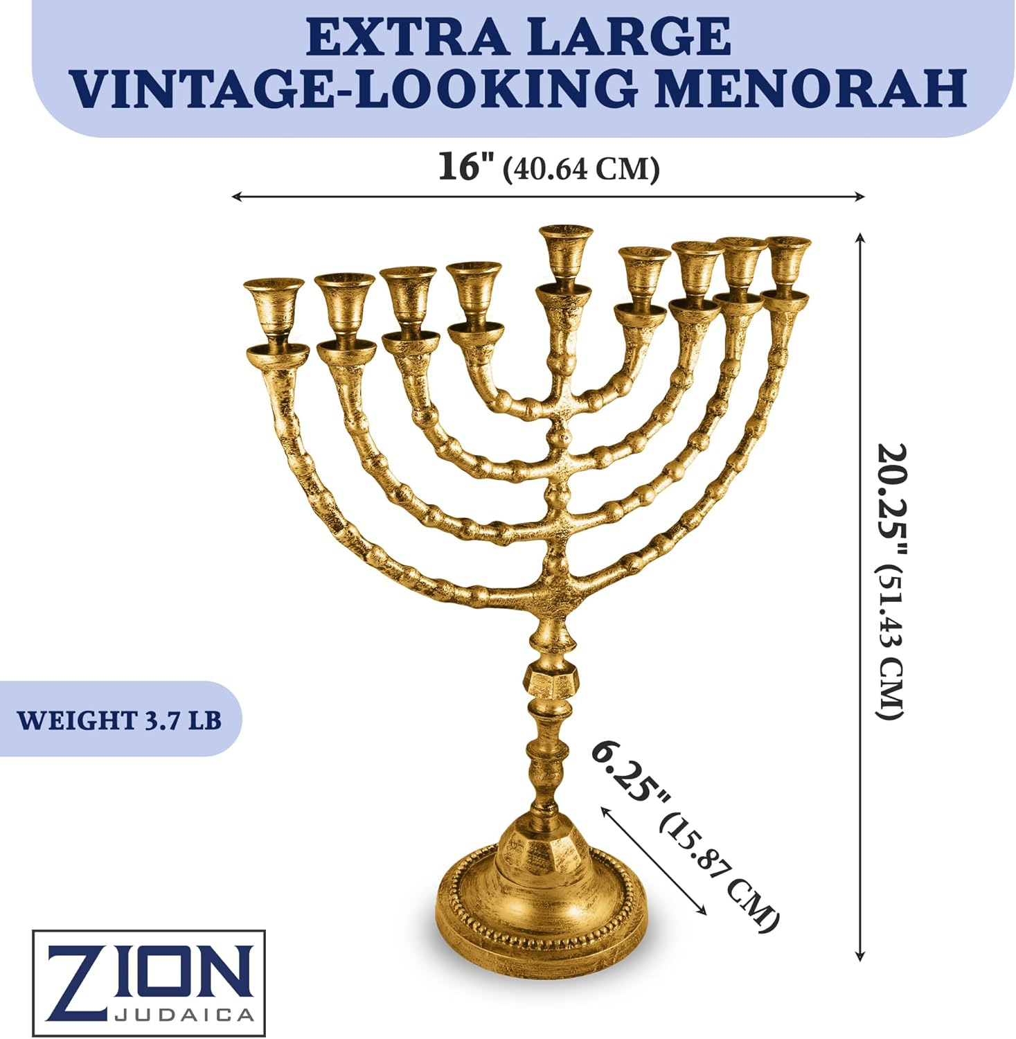 Zion Judaica X Large Traditional Menorah Uses Candles or Oil (Antique Gold) 21" Tall image number 5