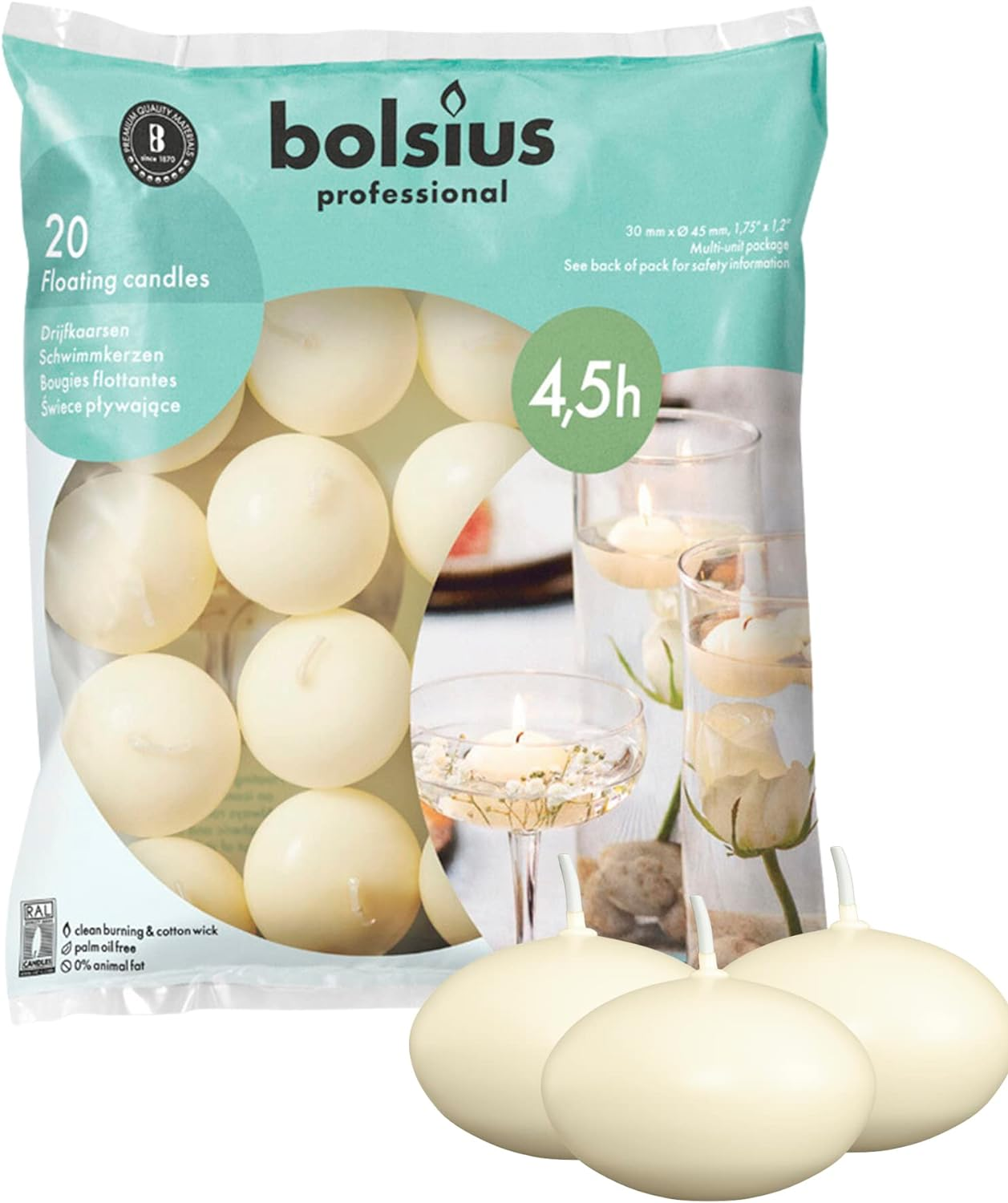 Bolsius Floating Candle-White, Wax, 4.5Cm W X 3Cm H