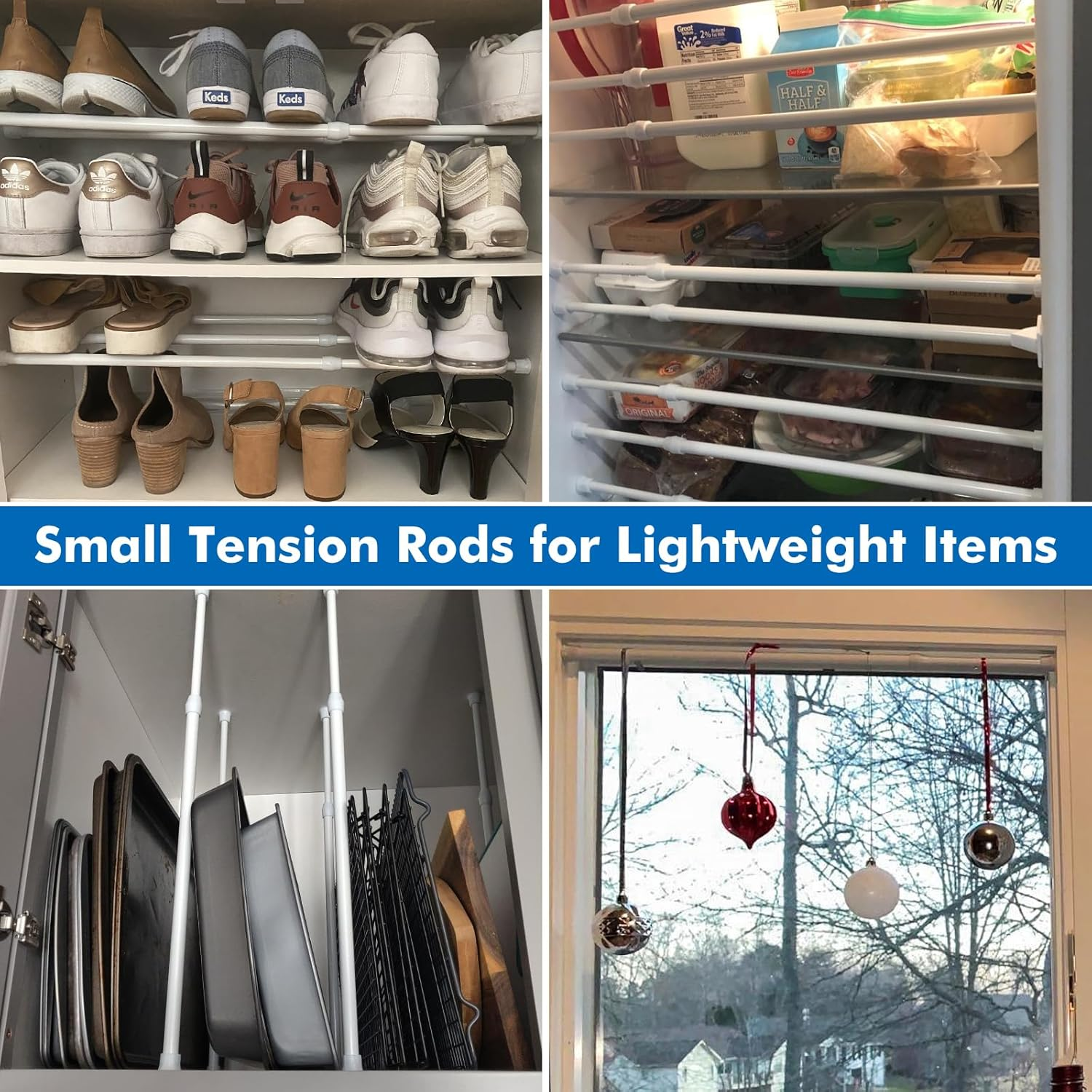 8 Packs Small Tension Rods 16 to 28 Inch Spring Adjustable Bars for Camper RV Refrigerator, Kitchen Windown, Cupboard Utensils, Closet, and Cabinet, White image number 6