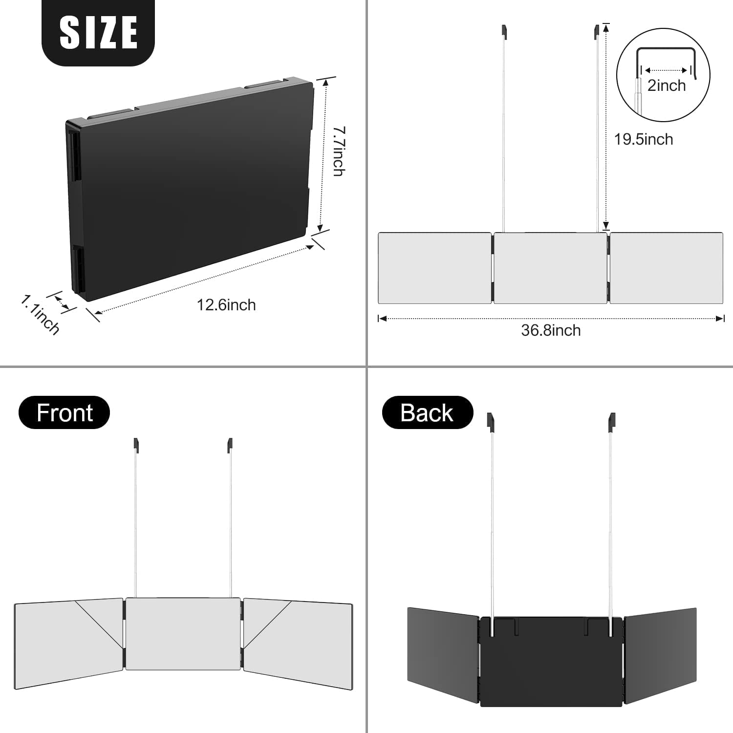 3 Way Makeup Mirror with 10X Magnified Mirror, Trifold 3 Way 360 Mirror for Cutting Hair | 3 Mirror Selfcut System- Portable DIY Haircut Tool (Black) image number 6