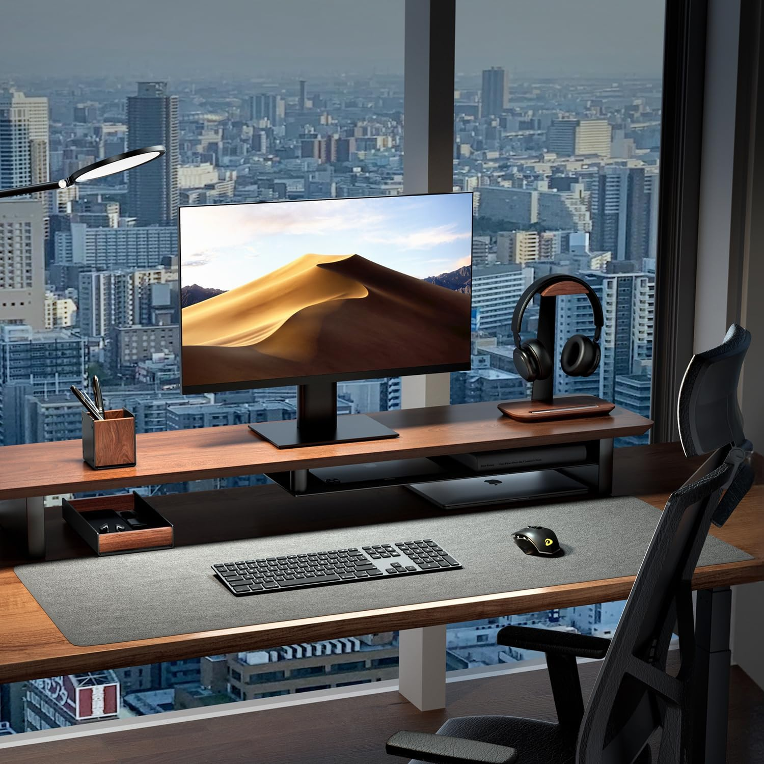 Walnut Wood Desk Tray with Pen Holder Set, Natural Wooden & Aluminium Desk Office Draw Organizer Tray for Keys, Pen, Watch