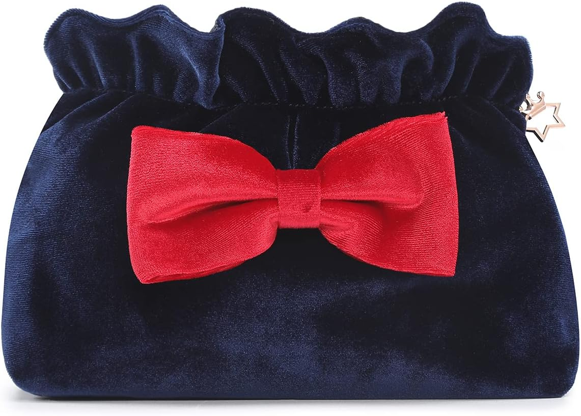 Lazy Drawstring Make up Bag Portable Travel Cosmetic Bag Makeup Pouch Storage Organiser Toiletry Bag for Women Girls Vanfn P.Travel Series (Bow-Blue Red)