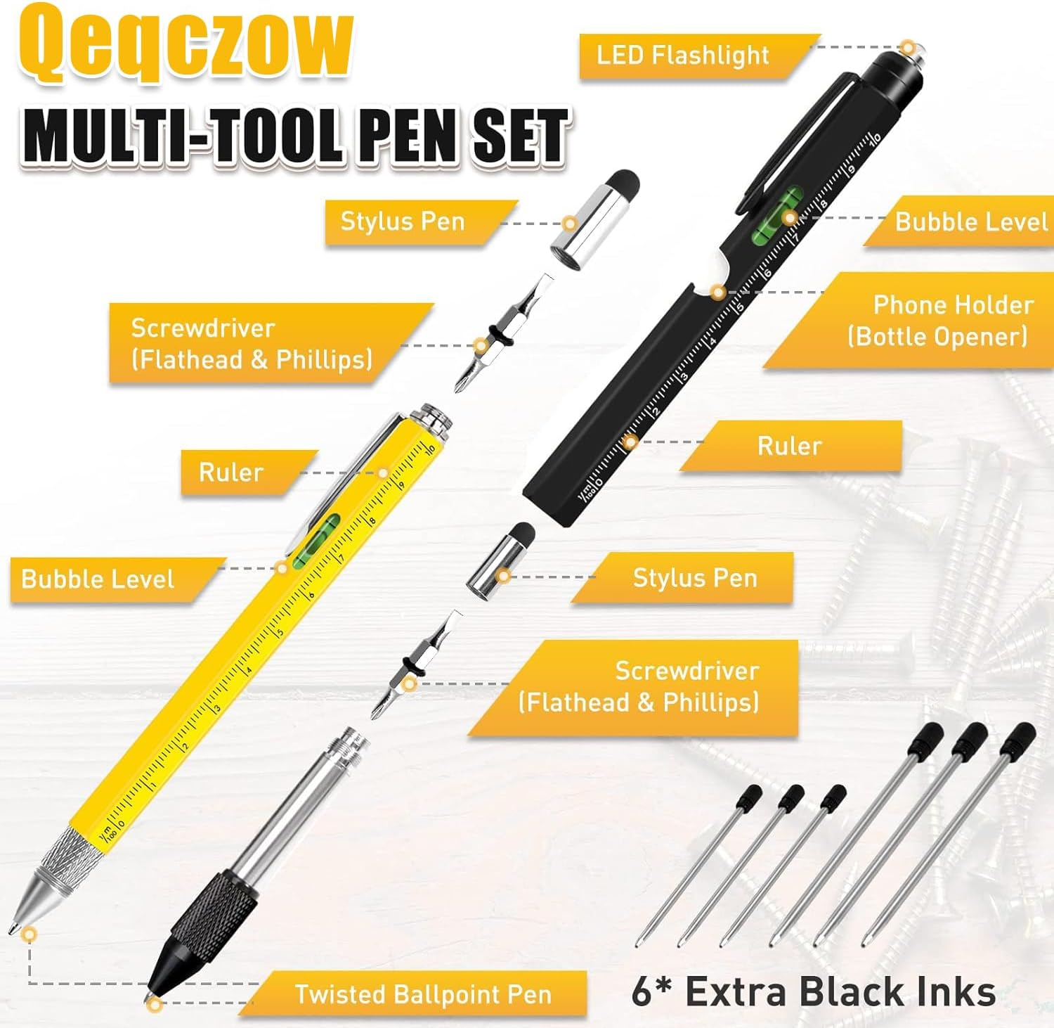 Multitool Pen 2-Pack - Multi-Tool Pens with LED Light, Flathead & Phillips Screwdrivers, Level, Ruler, Bottle Opener, and Stylus. Gift-Ready Box with Ink Refills & Batteries. Great for EDC