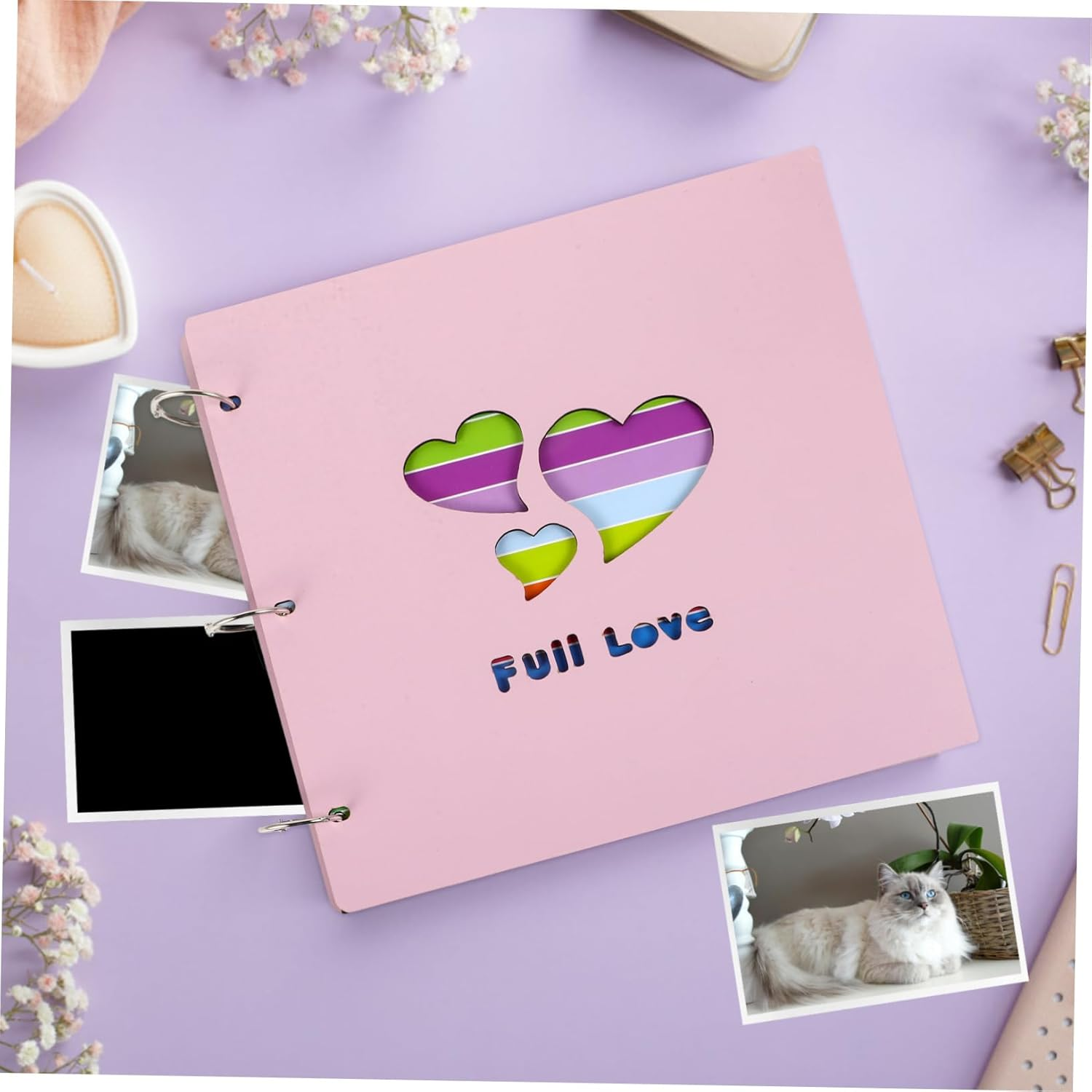 SOLUSTRE Wooden Photo Album Hollow Heart Design Scrapbook for Weddings Birthdays Memories Compact Easy to Use For image number 3