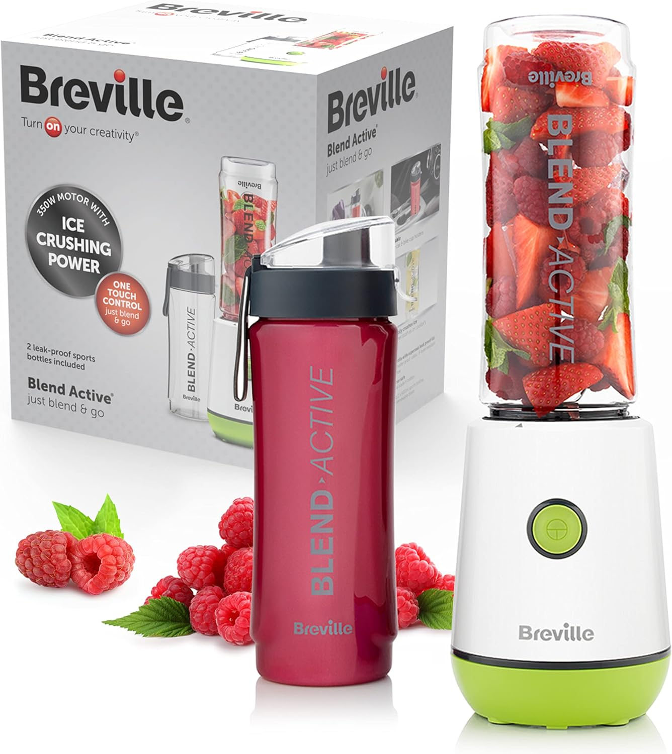 Breville Blend Active Personal Blender & Smoothie Maker | 350W | Family Pack | 4 Portable Blend Active Bottles (300Ml | 600Ml) | Leak Proof Lids | White & Green [VBL252]