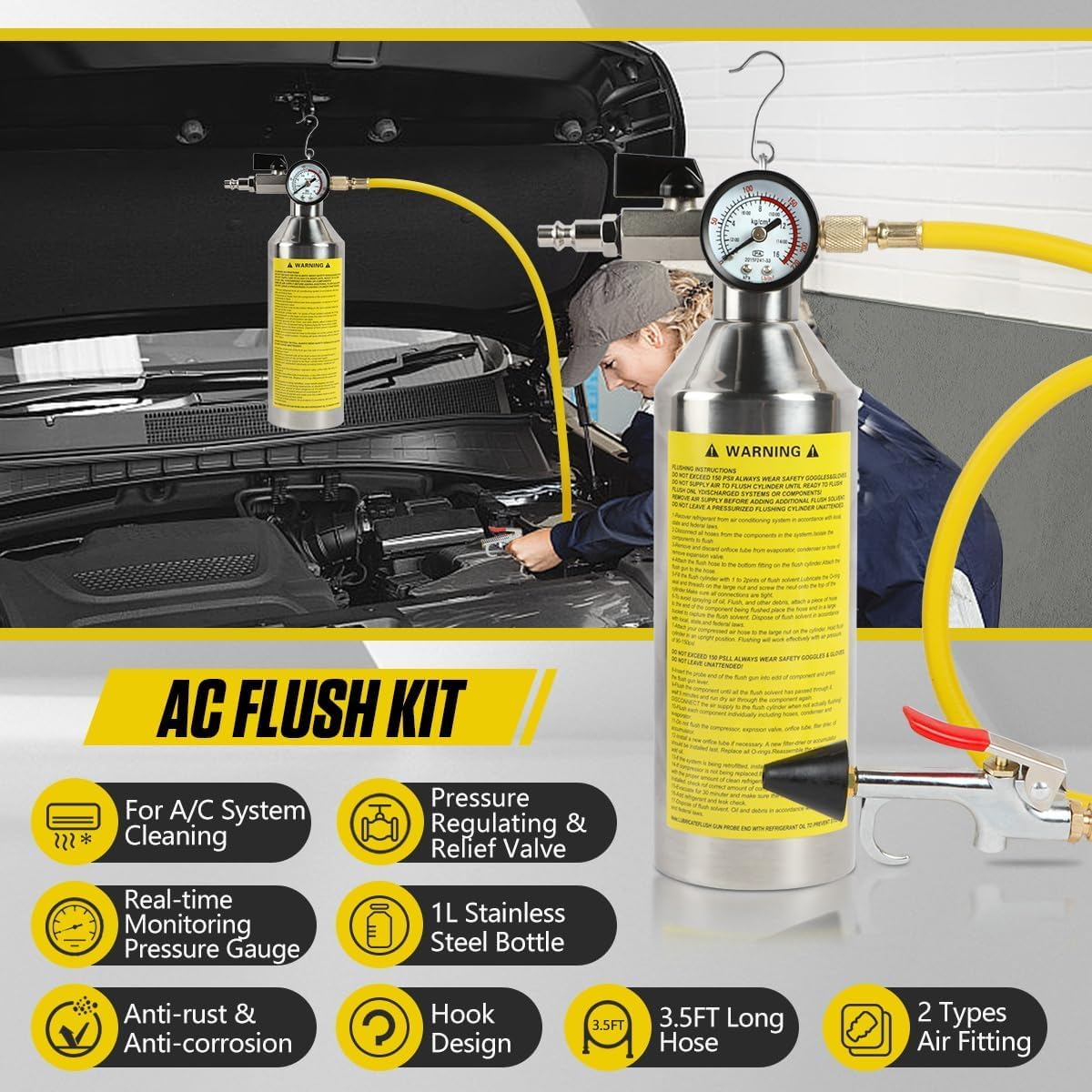 AC Flush Kit Pressure Regulating&Relief Valve AC Cleaner Real-Time Monitoring Pressure Gauge AC Cleaning Kit with Spray Head/Hook & 3.5FT Hose&Fitting for Air Conditioner Pipe, Condenser, Evaporator image number 6