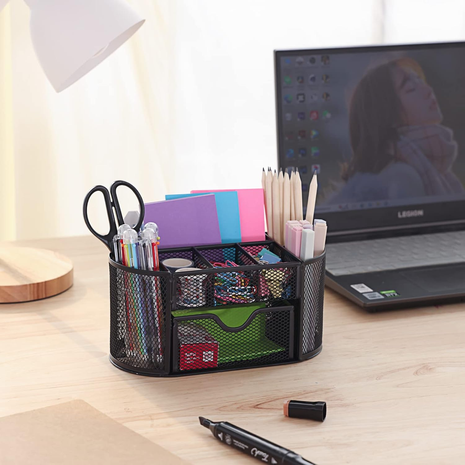 EOOUT Desk Organizer, Pencil Holder for Desk, Mesh Office Desk Accessories with 8 Compartments and 1 Drawer Stationery Holder School Supplies image number 4