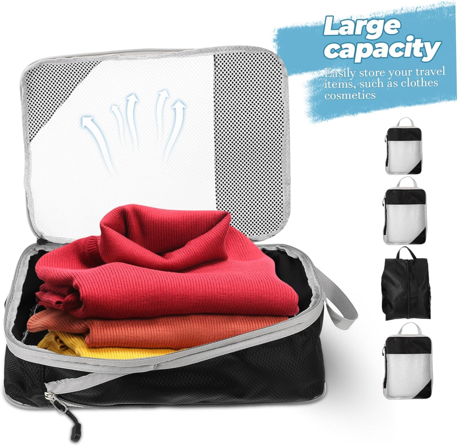 CLISPEED 4Pcs Travel Compression Storage Bags Set Mesh, Black Lightweight Packing Cubes for Clothes, Underwear, and Luggage Organization Suitable for Suitcases and Hand Luggage image number 1