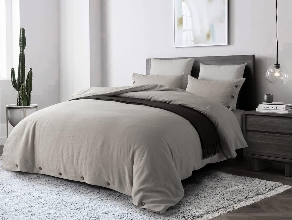 Meadow Park Stone Washed Pure Linen Duvet Cover Set 3 Pieces, Queen 90 Inches X 94 Inches- Shams 20 Inches X 26 Inches, Coconut Shell Button Closure - Corner Ties - Super Soft, Charcoal