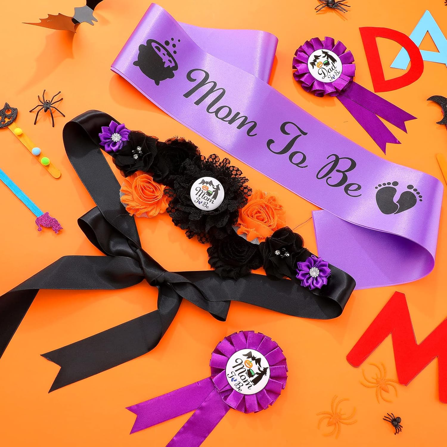 4 Pcs Halloween Pumpkin Maternity Sash Set Happy Fall Theme Mom to Be Dad to Be Corsage Pins Baby Shower Maternity Sash Belt Pregnancy Sash Keepsake for Autumn Gender Reveal (Cute Style) image number 2