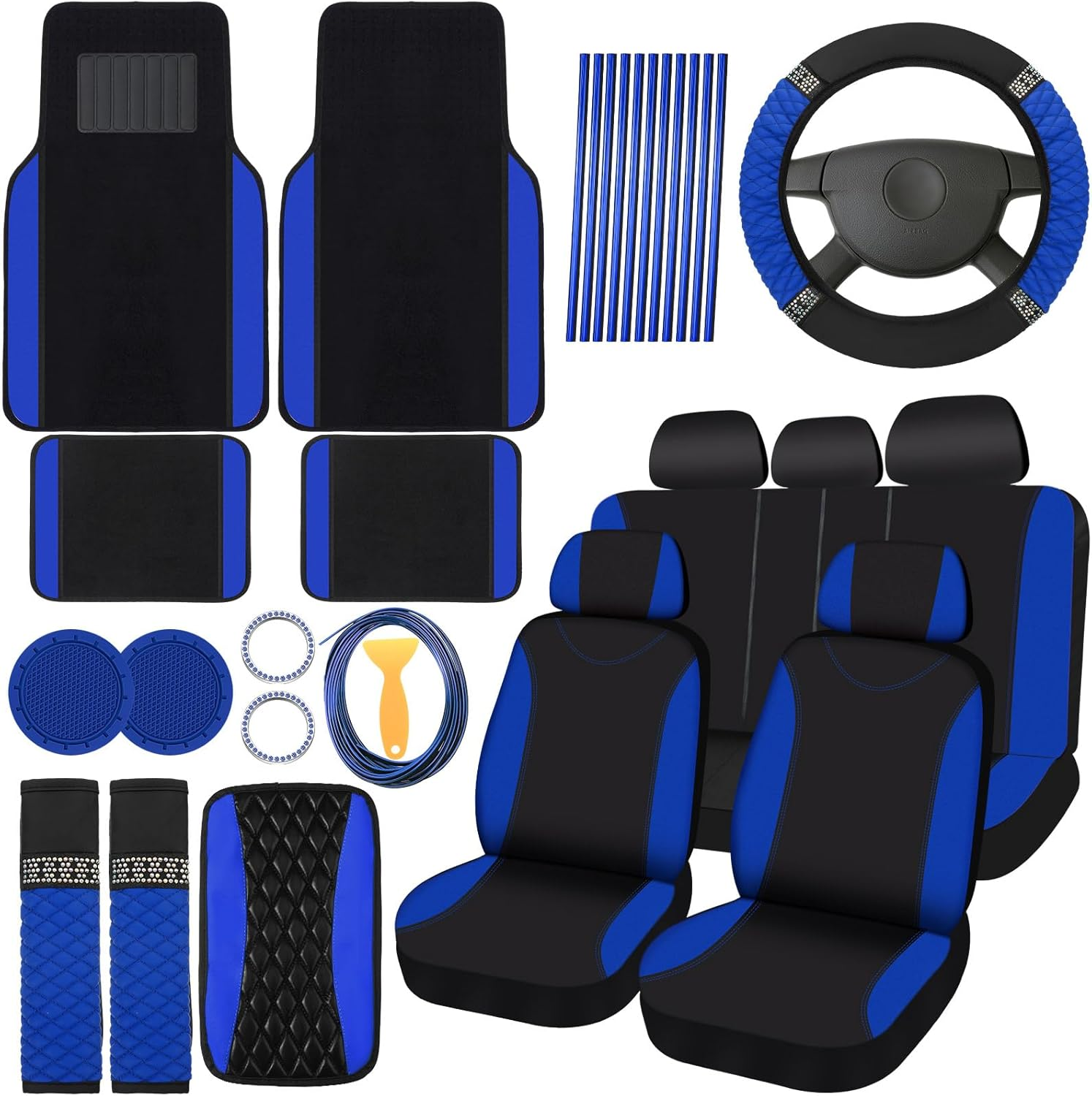 BBTO 43 Pcs Bling Car Accessories Set for Women Front Seats and Rear Bench Polyester Car Seat Protectors Wheel Cover Seat Floor Mats Full Crystal Automotive Interior Decor(Blue, Black)