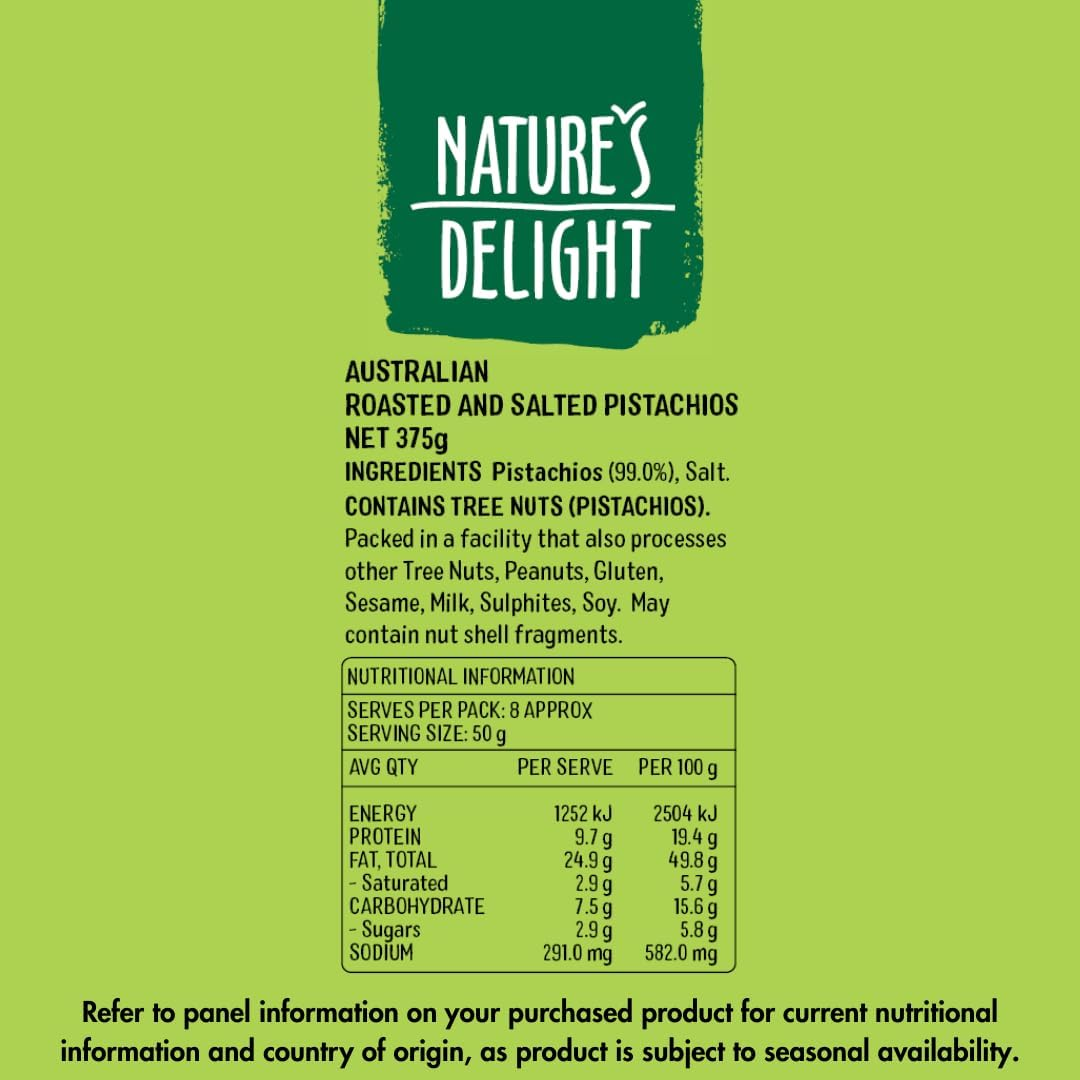 Natures Delight (Australian) Roasted and Salted Pistachios 375 G