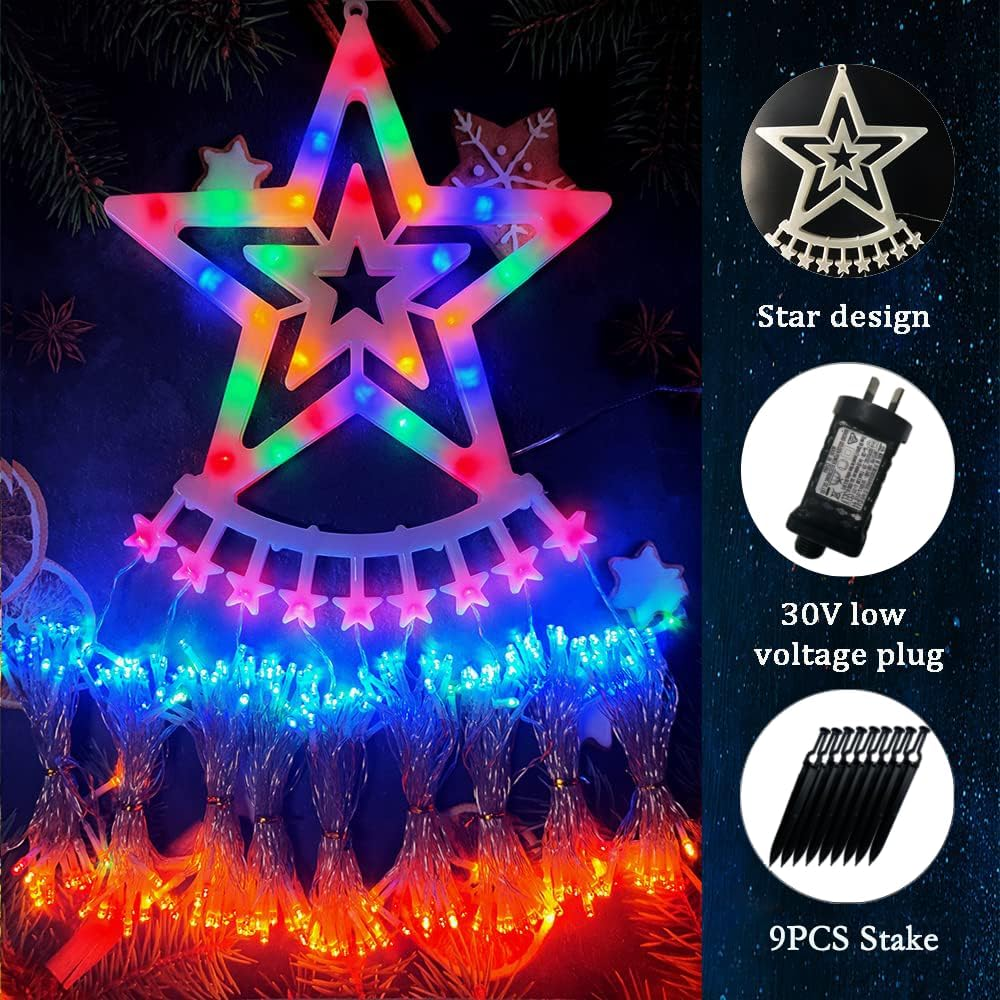 Outdoor Christmas Decorations Lights - Christmas Waterfall Star Lights with Star Toppers & SAA Approved Adapter, Multi-Color 8 Modes Lights Gifts for Yard Patio Holiday Xmas Decorations image number 6