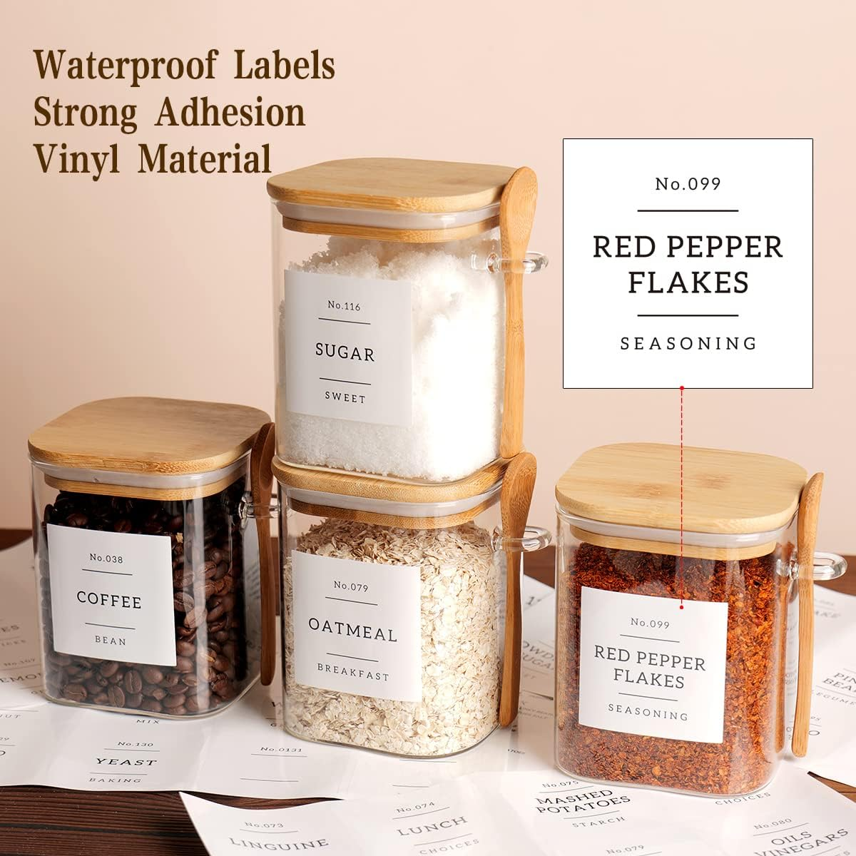 CZZGSM Set of 4 Square Glass Jar with Bamboo Lids and Spoons &ndash; Airtight 27 Oz Borosilicate Glass Food Storage Contaienrs with 132 Kitchen Pantry Labels for Coffee, Tea, Sugar image number 1