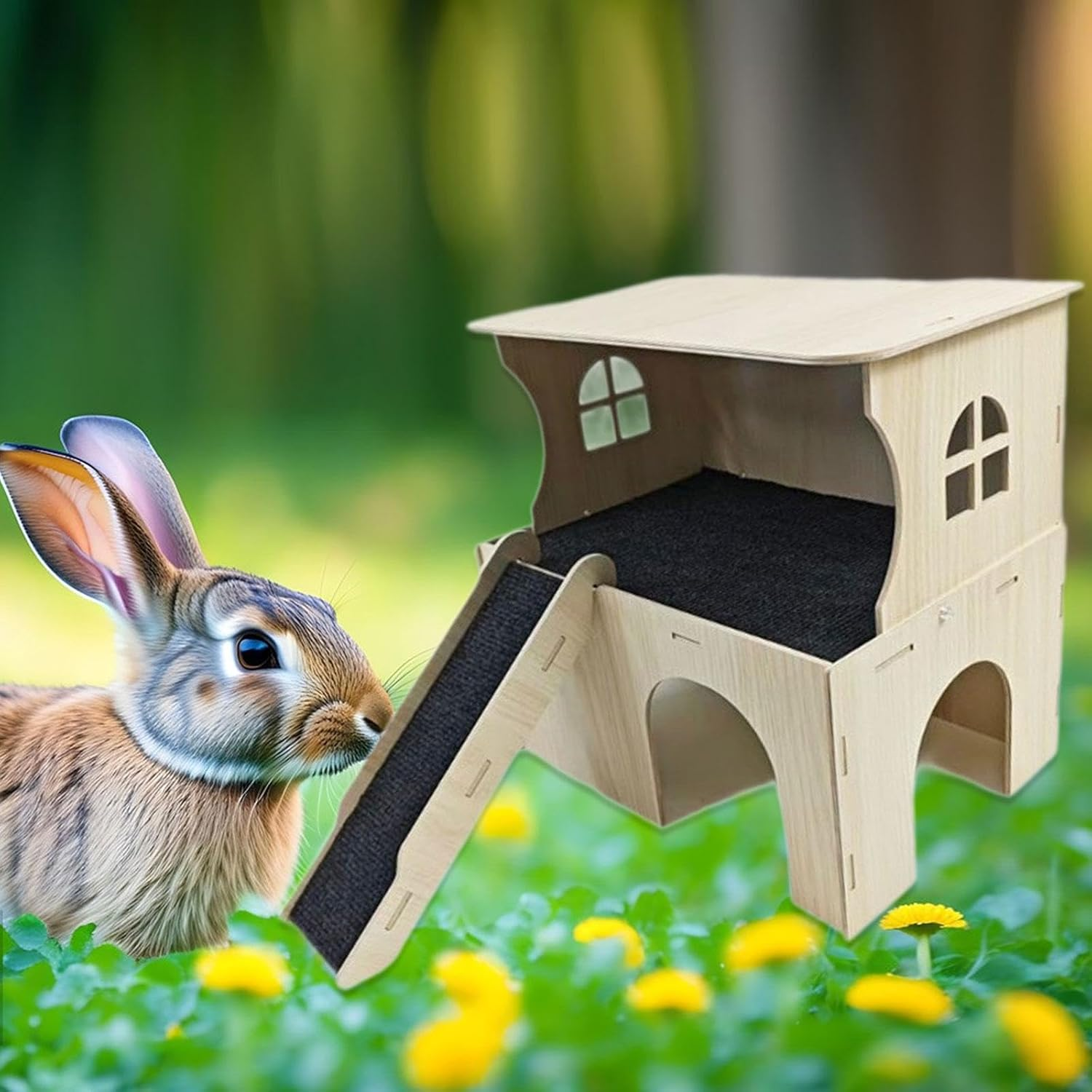 Qianly Wooden Hamster House Guinea Pig Hideout Hideaway,Hiding,With Stairs,Bed Hut Habitats Small Animal Hut for Gerbils Hamsters image number 4