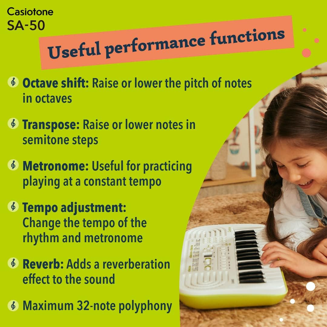 Casio SA-50 32 Mini-Keys Keyboard in White and Green and Rhythm Warriors Animated Online Lessons image number 4