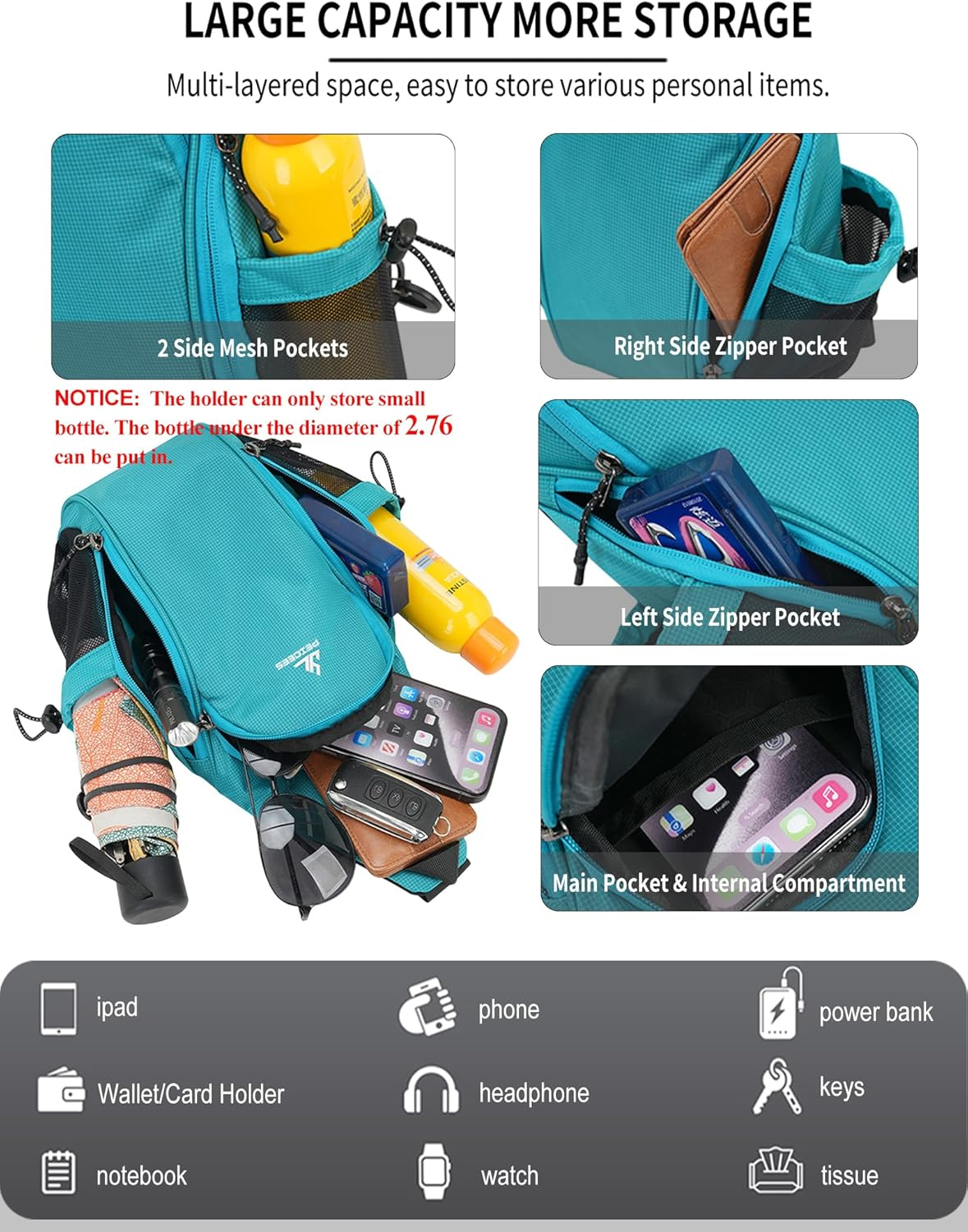 Peicees Small Sling Bag with 2 Bottle Holders, Sling Backpack Crossbody Bag Chest Daypack for Daily Use, Bottle Not Included image number 3