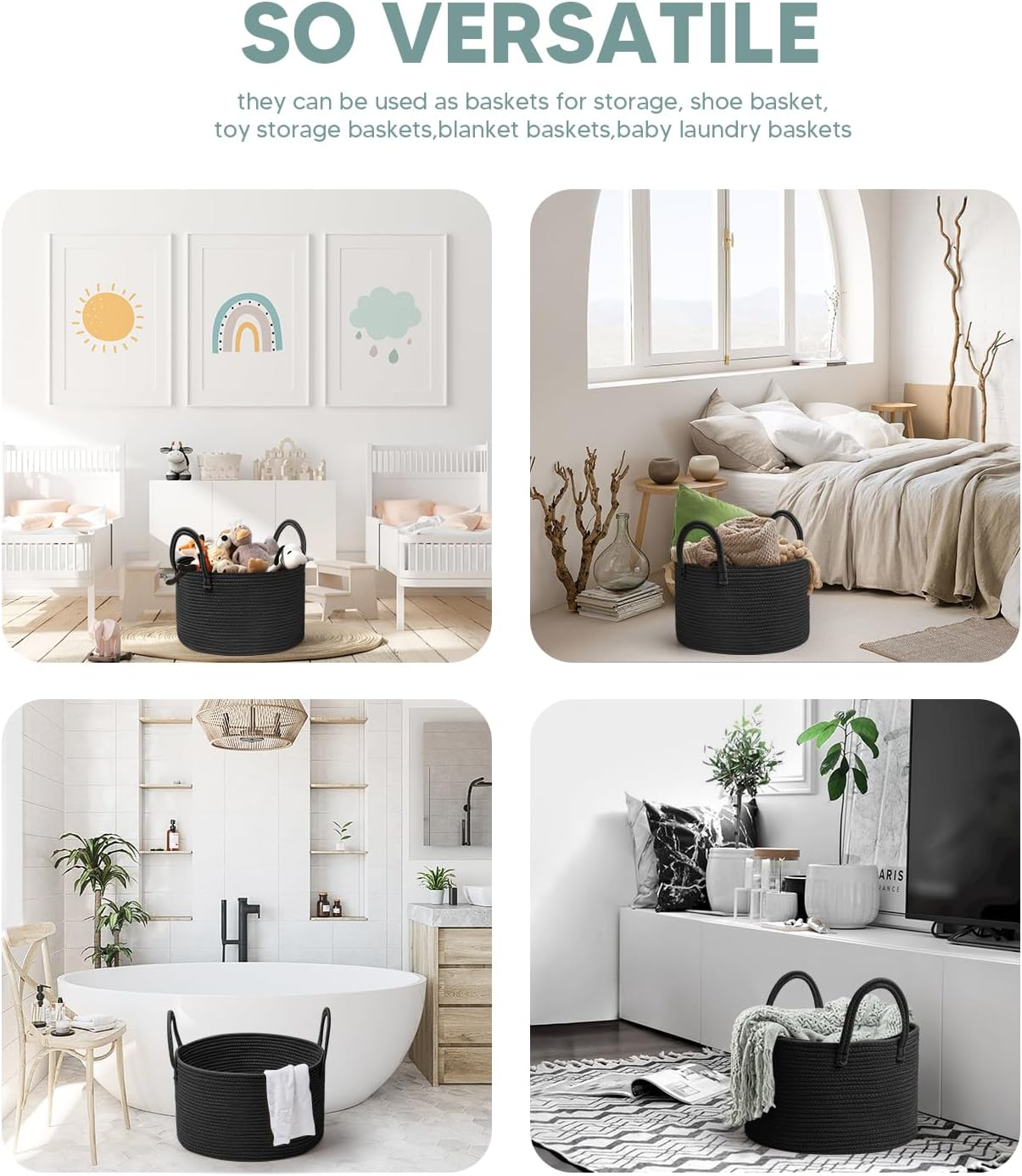 Woven Cotton Rope Laundry Basket 40 X 25Cm Woven Clothes Storage Basket 32L Decorative Cotton Rope Blanket Basket Collapsible Laundry Hamper with Handle, for Laundry Room(Black) image number 4