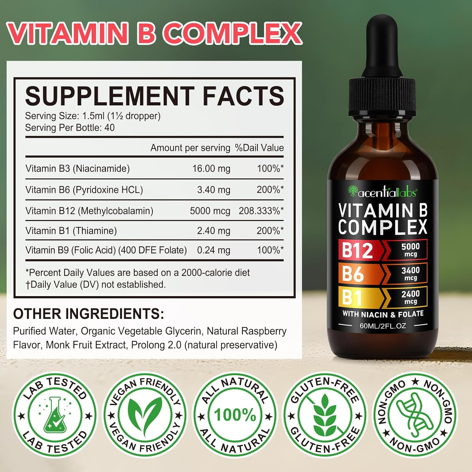 Vitamin B Complex Liquid Drops 60Ml | B12 5000 Mcg, B6 3400 Mcg, B1 2400 Mcg | Plant-Based B-Complex with Niacin & Folic Acid | Fast-Absorbing Sublingual Drops | Natural Raspberry Flavour image number 3