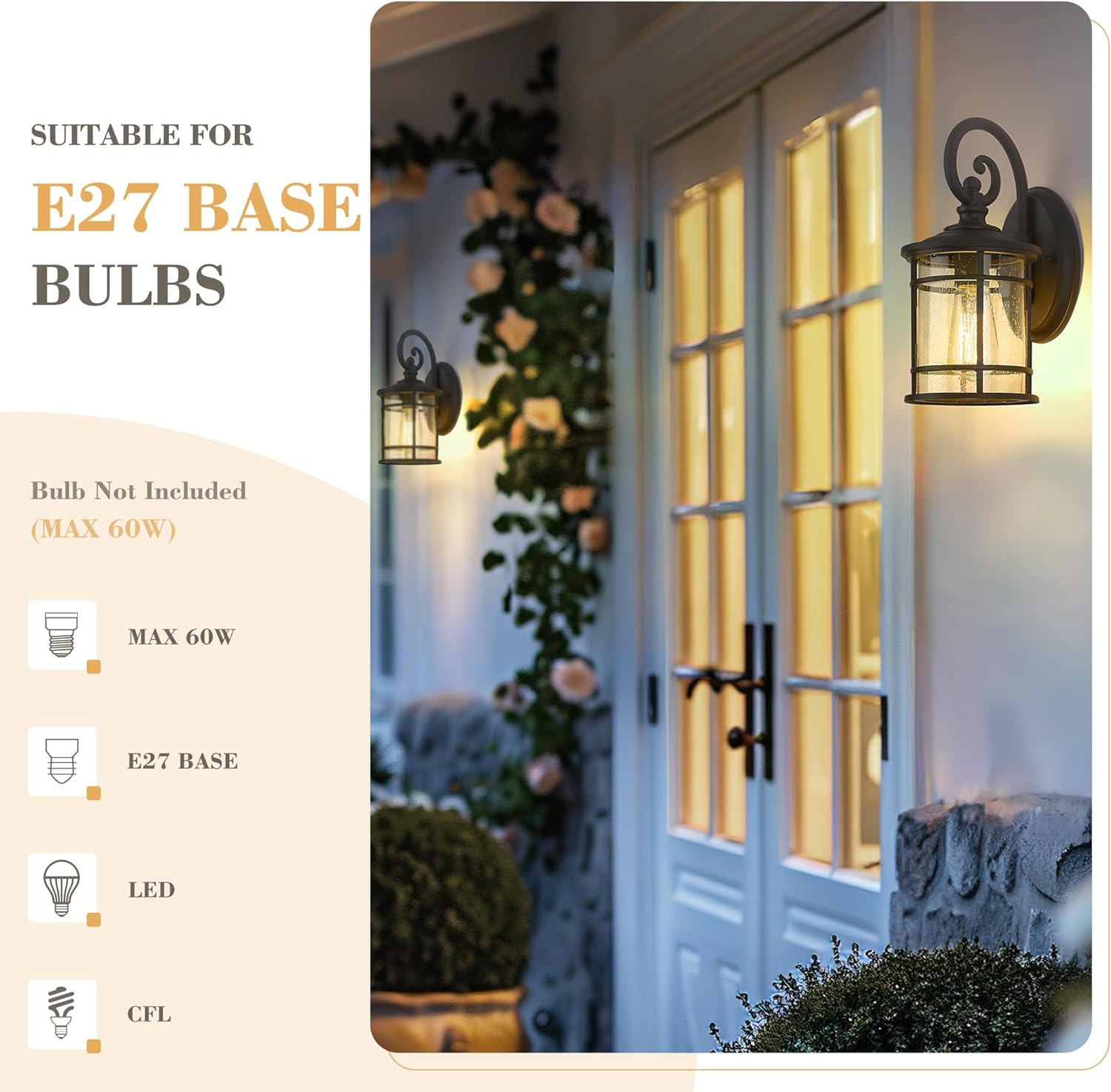 EMLIVIAR Outdoor Wall Light Fixture - Modern Exterior Wall Sconce for House with Seeded Glass Shade, 12.4 Inch Height, Black Finish, XE229B-S BK image number 3