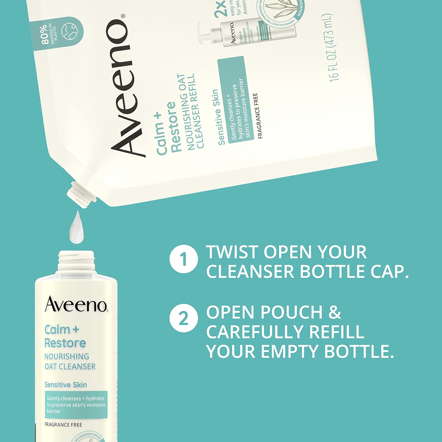 Aveeno Calm + Restore Nourishing Oat Facial Cleanser for Sensitive Skin, Gentle Face Wash with Nourishing Oat & Calming Feverfew, Hypoallergenic, Fragrance-Free, Refill Pouch, 16 Fl. Oz image number 6