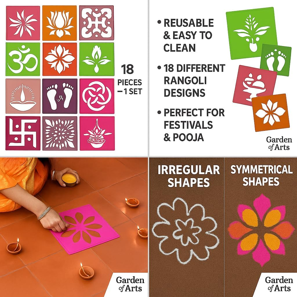 Garden of Arts 12 Different Design Draw Rangoli Making Kit Rangoli Stamp Om Swastik Flower Design Colourful Rangoli Making Stencils & 6 Border Stencils Total 18 Pieces image number 2