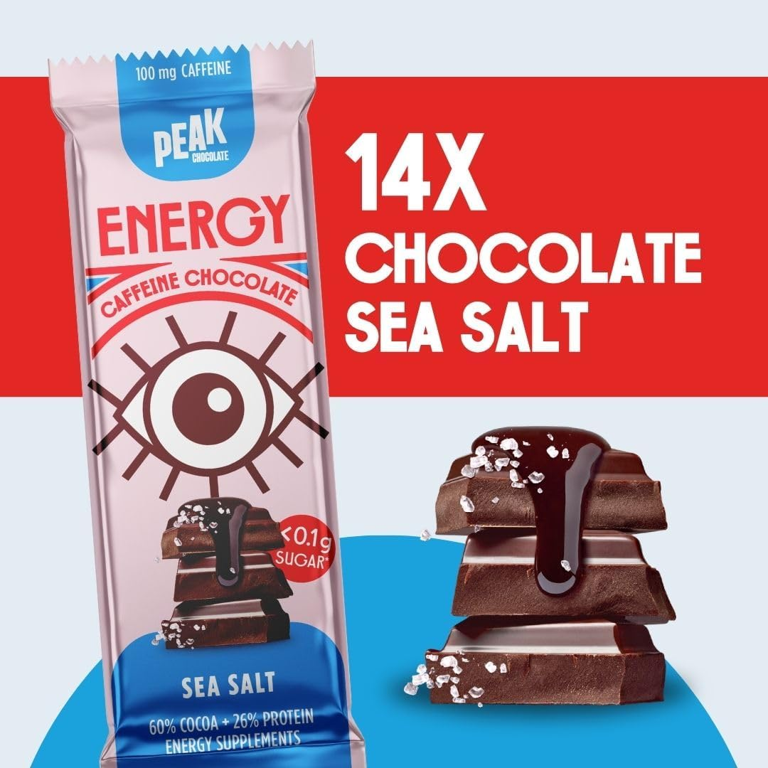 Peak Energy Caffeinated Dark Chocolate Energy Bars with Sea Salt - Sugar Free Chocolate, High Protein, 100Mg Natural Caffeine, Healthy Snack for Energy and Focus - Keto-Friendly - 14 Bars image number 3