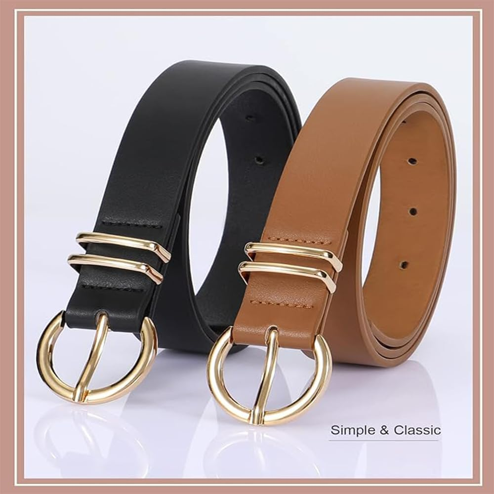 2 Pack Women'S Leather Belts, Casual Waist Belt for Jeans/Dresses, Fashion Gold Buckle Ladies Dress Belt for Jeans Dresses Pants Ladies Leather Waist Belt with Gold Buckle,Fashion Womens Belt image number 5