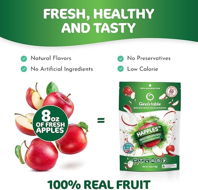 Gina&rsquo;S Table Happles &ndash; Freeze-Dried Apple Fruit Crisps (Just Apple) &ndash; Healthy, Low-Calorie Snack for Kids & Adults &ndash; 10 Pack (18G Each) &ndash; All-Natural, No Added Sugar, Gluten-Free image number 3