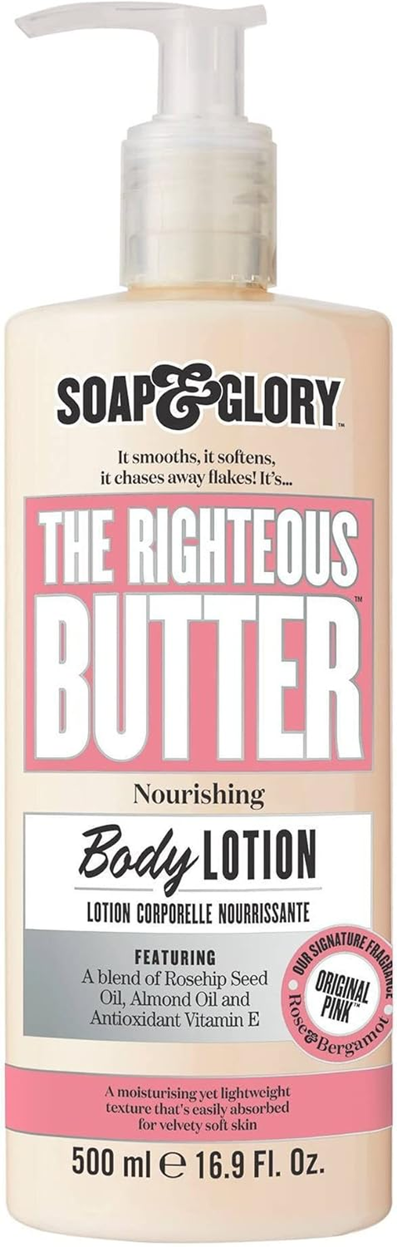Soap & Glory Original Pink Moisturizing Body Lotion Pump - Lightweight Body Moisturizer for Dry Skin - with Shea Butter, Vitamin E & Aloe Vera for Soft, Hydrated Skin - Rose & Bergamot (16.9 Fl Oz) image number 3