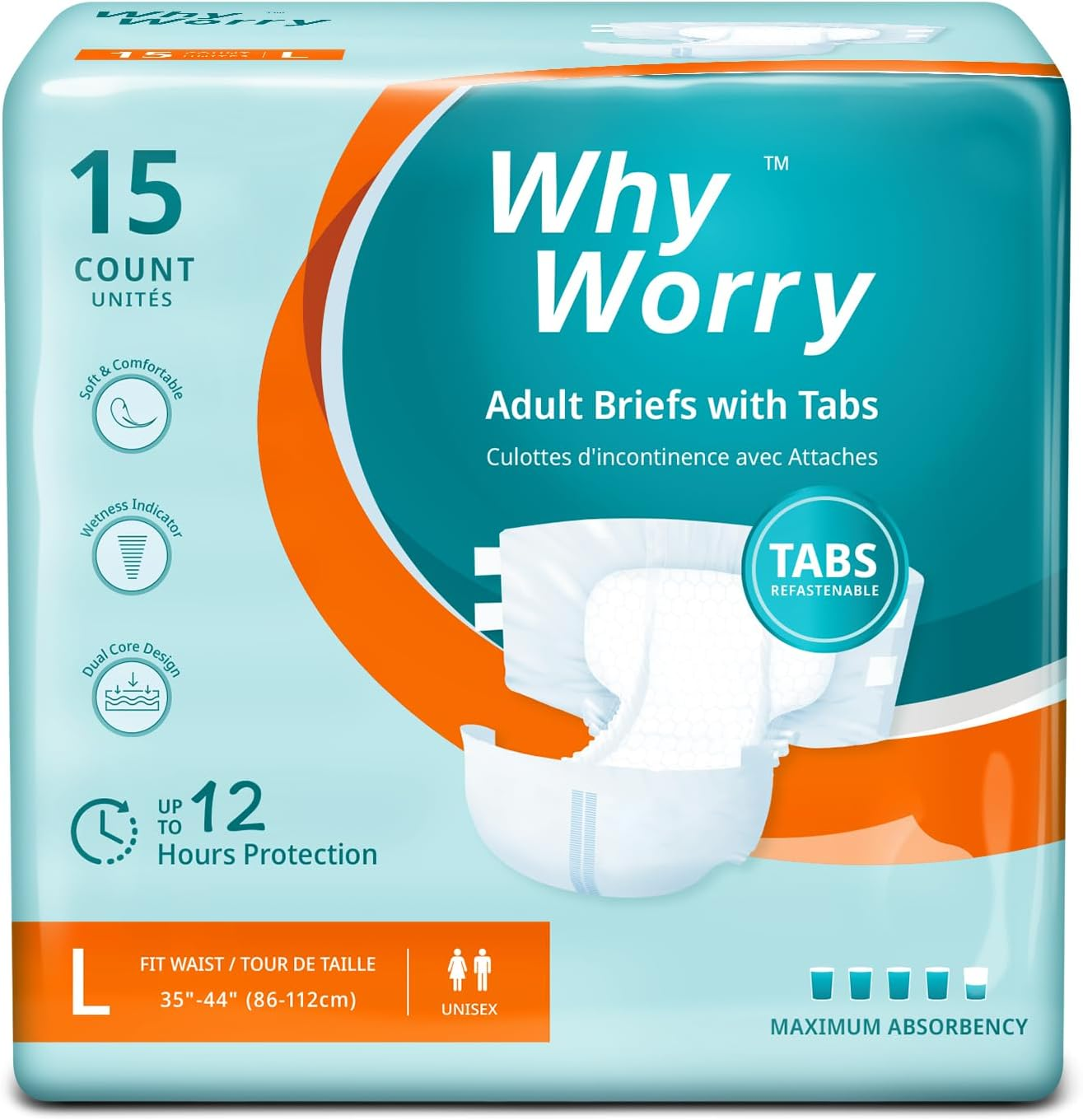 Whyworry Adult Diapers for Women and Men, Disposable Incontinence Briefs with Tabs, Overnight Absorbency, Odor Control, Unisex, Large, 15 Count