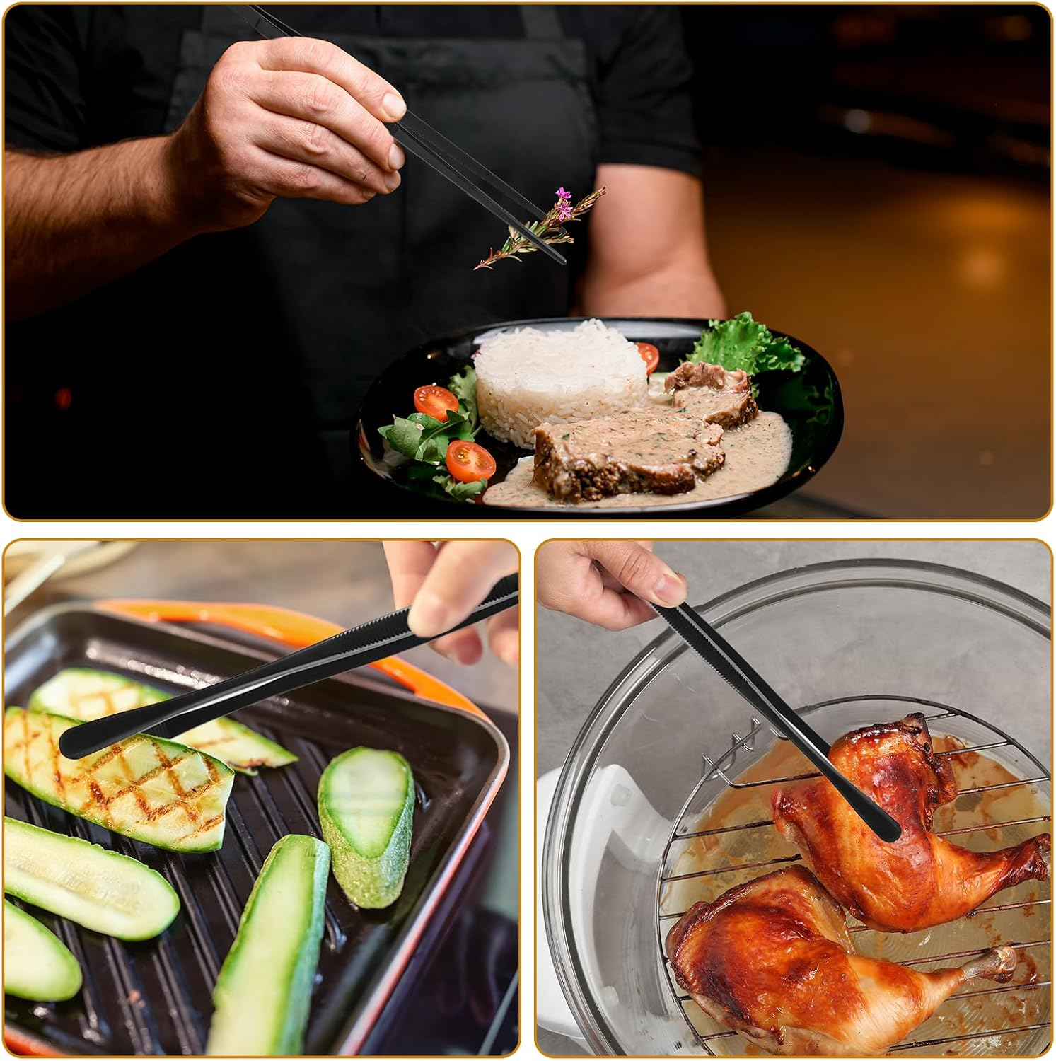 AIAOO 4-Pack Kitchen Tweezers Tongs, Black Stainless Steel Cooking Tweezers - 30Cm Straight/Round & 25Cm Straight/Round Heads, Non-Slip for BBQ, Culinary Use, Kitchen Tools & Gadgets image number 3