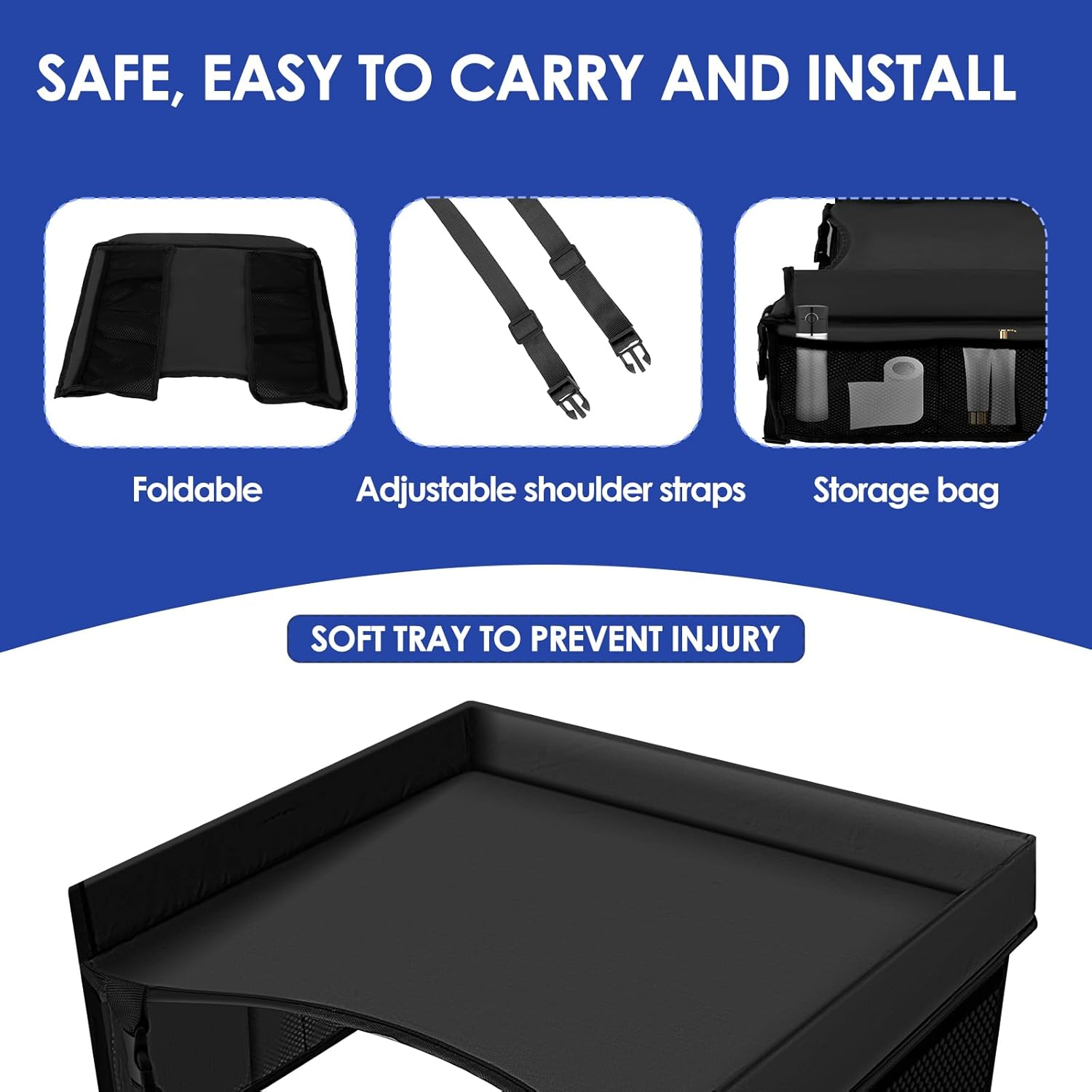 Car Lap Tray, Kid Travel Tray, Foldable Kid Car Tray Toddler Car Seat Tray with Adjustable Shoulder Strap and Pocket Car Lap Tay for Kids Travel Airplane Outdoor (Black) image number 2