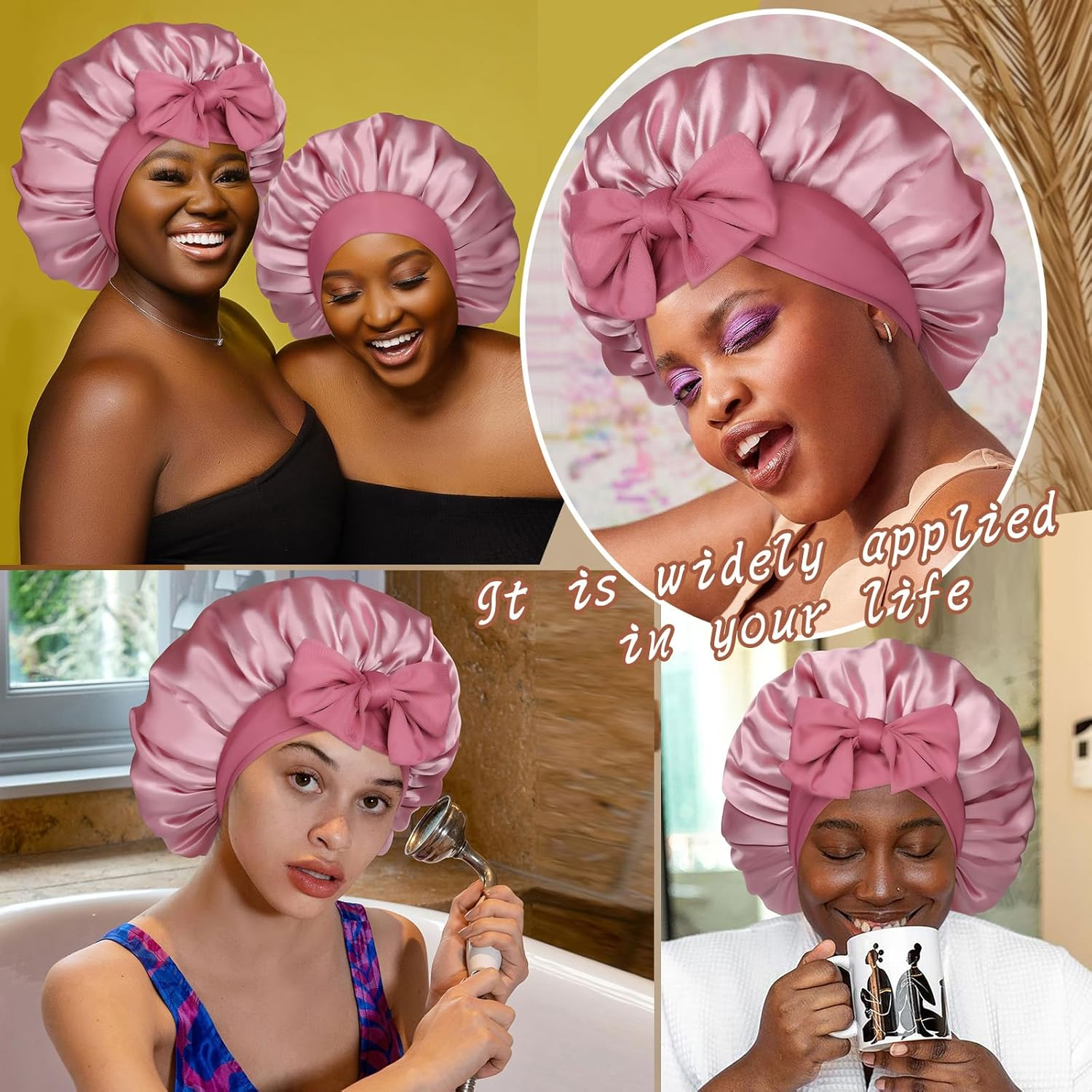 Satin Bonnet Silk Bonnet for Sleeping Silk Sleep Cap Double Layer Hair Bonnet with Elastic Tie Band for Curly Hair Night Cap (Bean Paste + Pink) image number 2