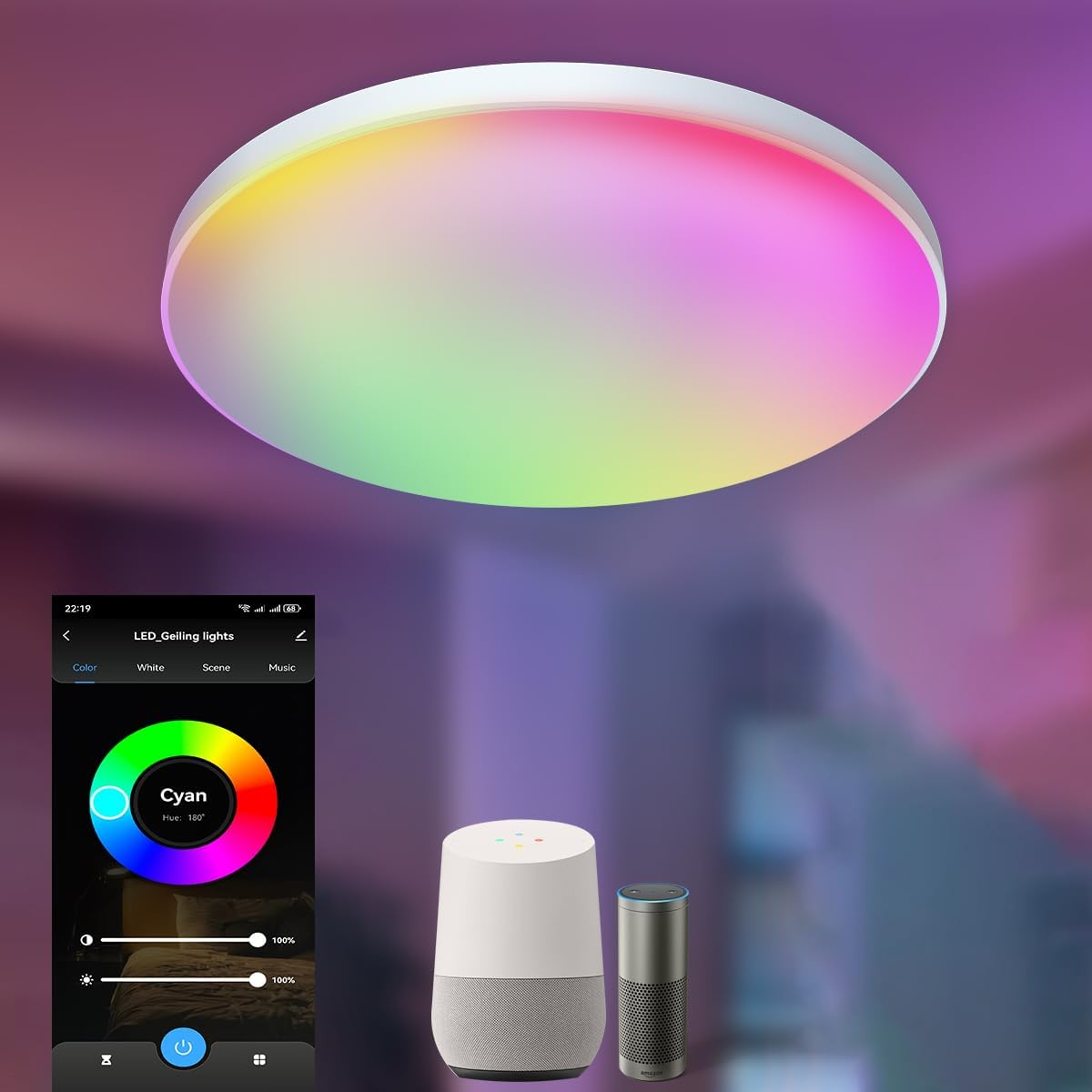 Smart Ceiling Light 24W 12" Flush Mount - Alexa & Google Home Compatible RGB LED Light with Music Sync, 16M Colors, Dimmable Wifi Ceiling Fixture for Bedroom, Kids Room image number 3