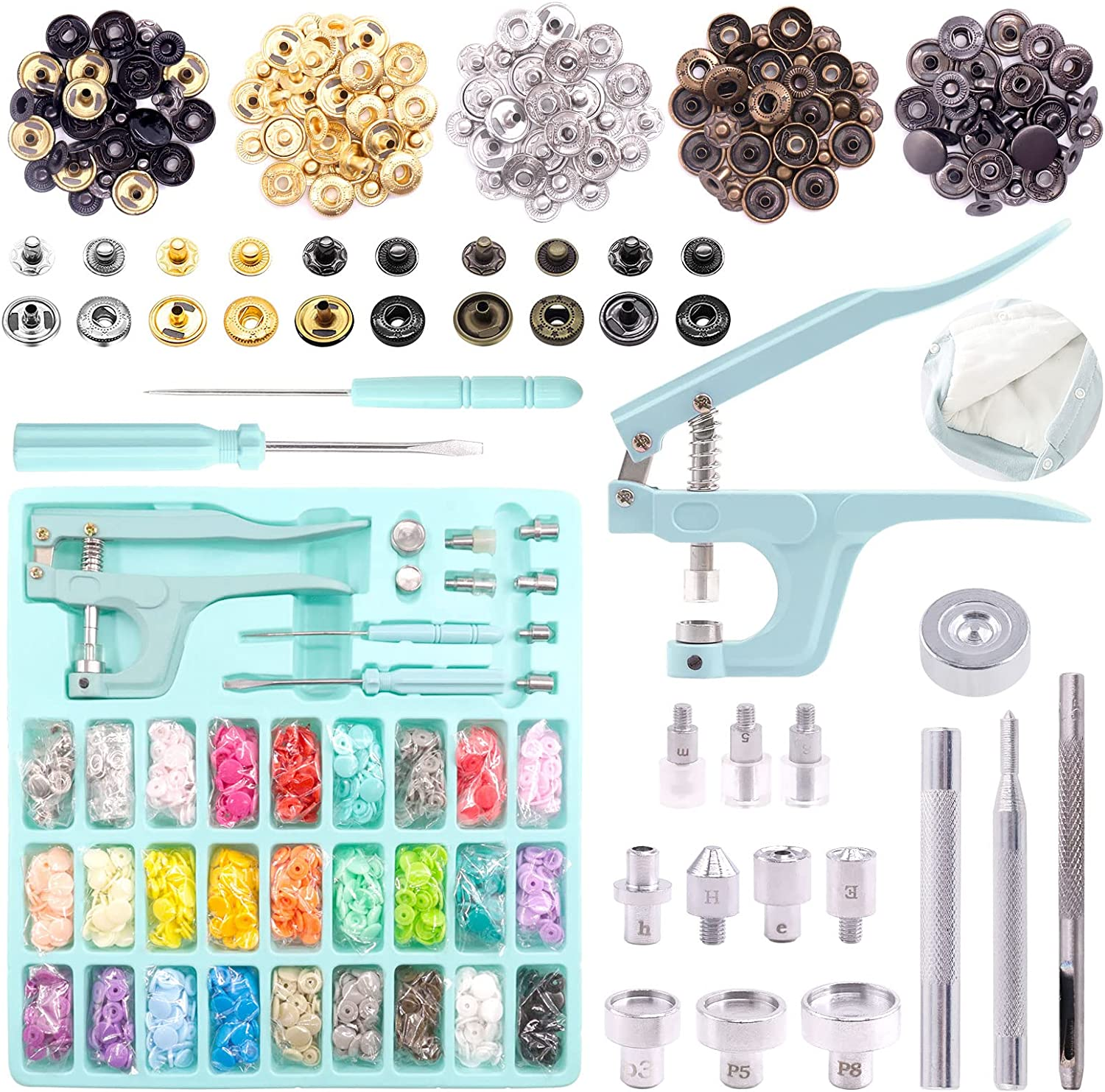 Keadic Snap Fasteners Kit with Pliers, 31 Colors 408Sets T5 Plastic Metal Buttons, Snaps and Snap Pliers Set for Sewing and Crafting, DIY Projects, Includes Storage Box image number 5