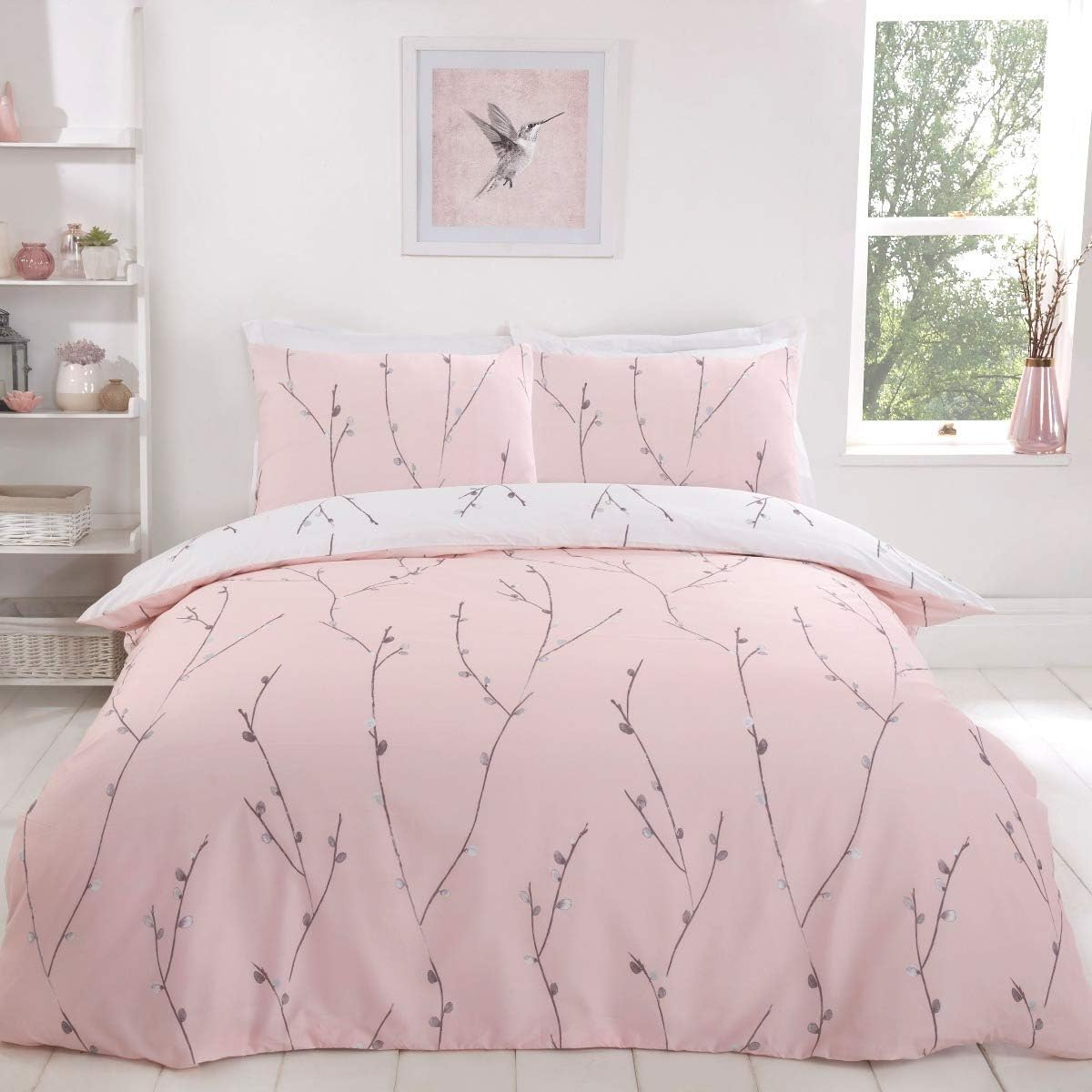 Sleepdown Willow Floral Blush Pink Ultra Soft Easy Care Hypoallergenic Printed White Reversible Duvet Cover Quilt Bedding Set with Pillowcase - Single (135Cm X 200Cm)