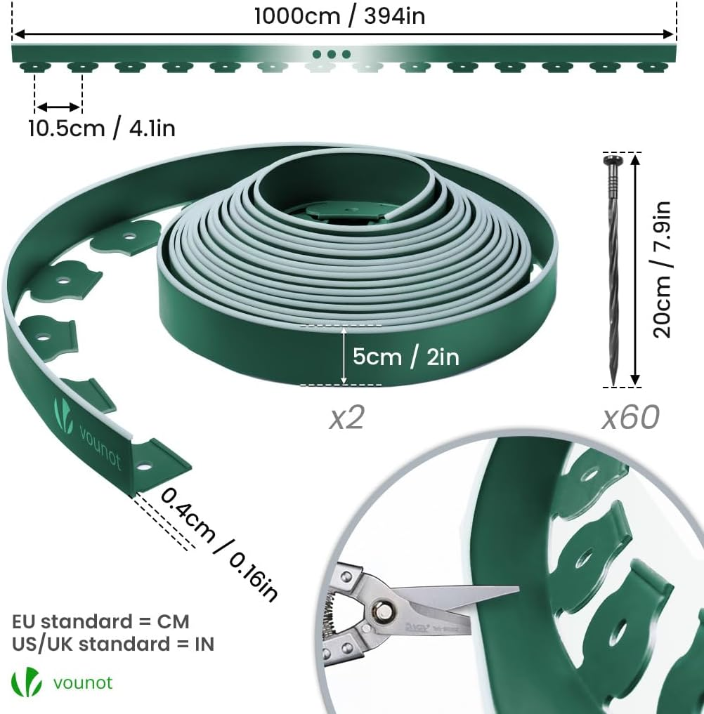 VOUNOT&reg; Plastic Lawn Edging Border with 60 Ground Anchors, 20M Flexible Garden Edging Strip for Grass, Paths, Gravel or Flower Beds, Weatherproof Landscape Border, 5Cm High, Green & Green Outline Edge image number 2
