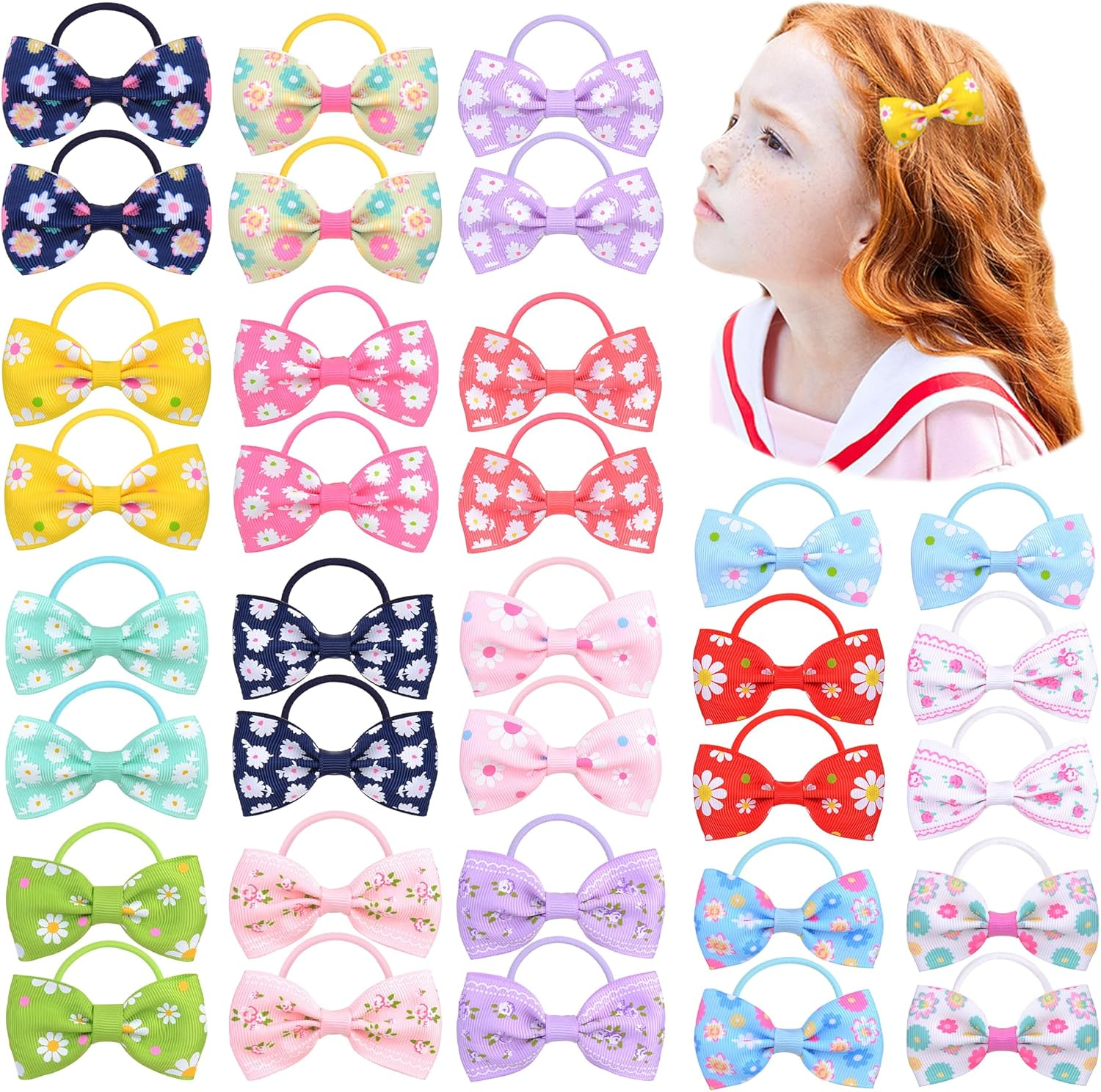 JOVALA 34PCS(17 Pairs) Baby Girls Hair Bows Daisy Elastics Bow Ties Rubber Hair Bands Ribbon Ponytail Holders Pigtails Elastic Bands Hair Accessories for Toddlers Little Girls Kids Gifts image number 1