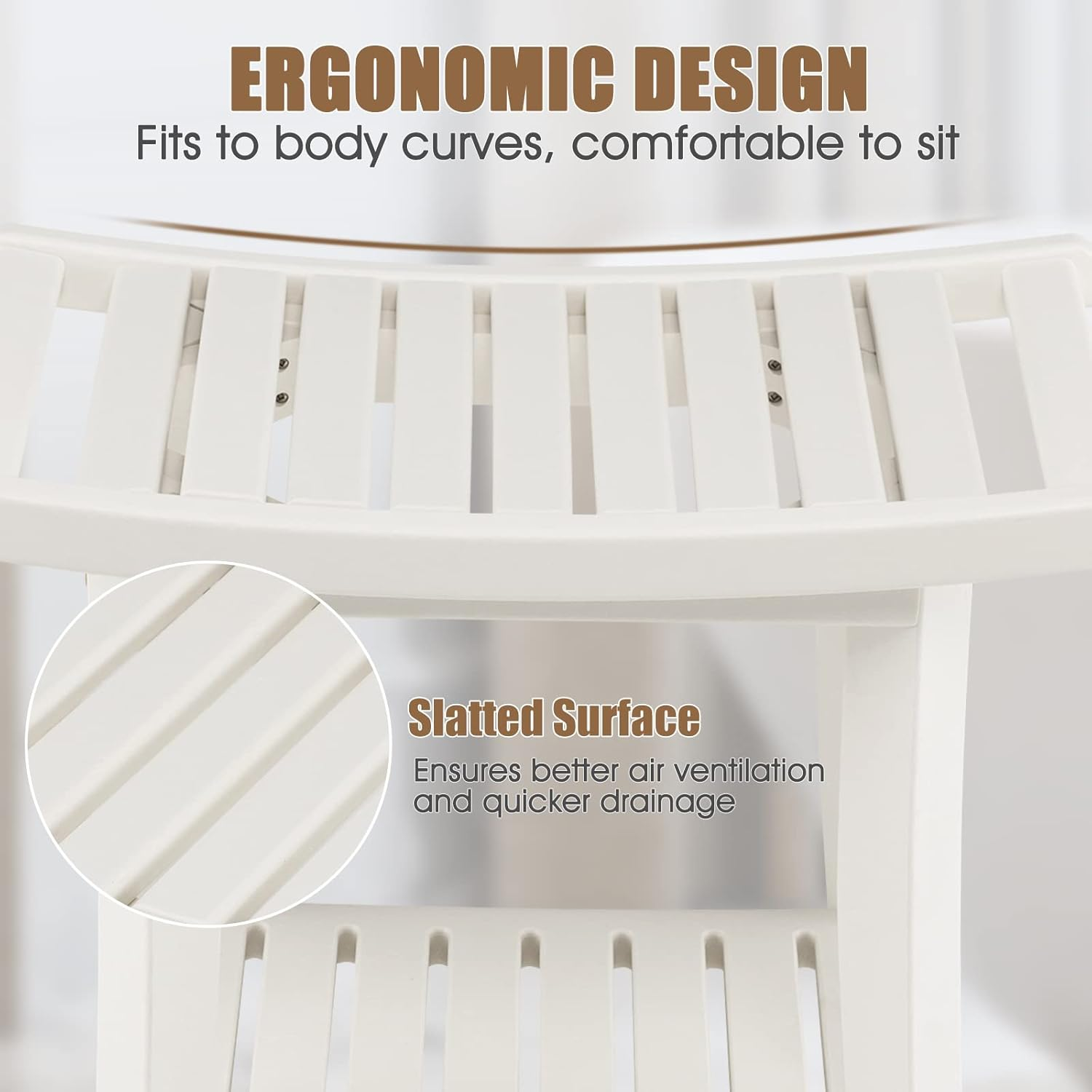 Costway 2-Tier Shower Bench, HDPE Spa Bath Shower Stool with Curved Seat, 2 Easy-To-Grip Handles, Storage Shelf & Non-Slip Foot Pads, Waterproof Shaving Stool for Bathroom, Living Room image number 5