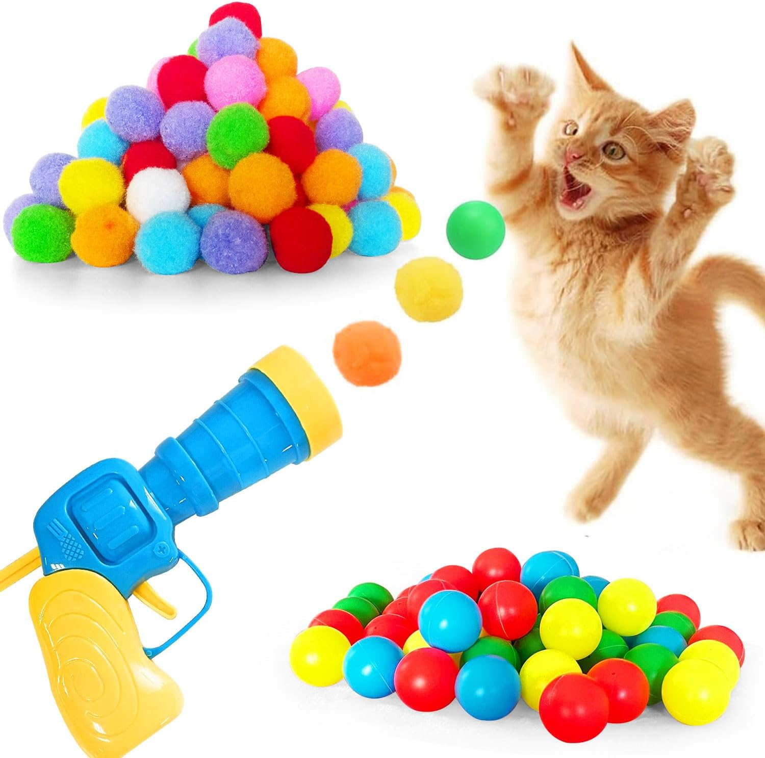 Interactive Cat Toys, Cat Ball Toy Launcher,Cat Ball Gun with 100Pcs Soft Pom Pom Balls and 50Pcs Plastic Balls,Shooting Gun Plush Ball for Indoor Pet Cat Exercise,Training,Chasing (150 PCS, Style 2)