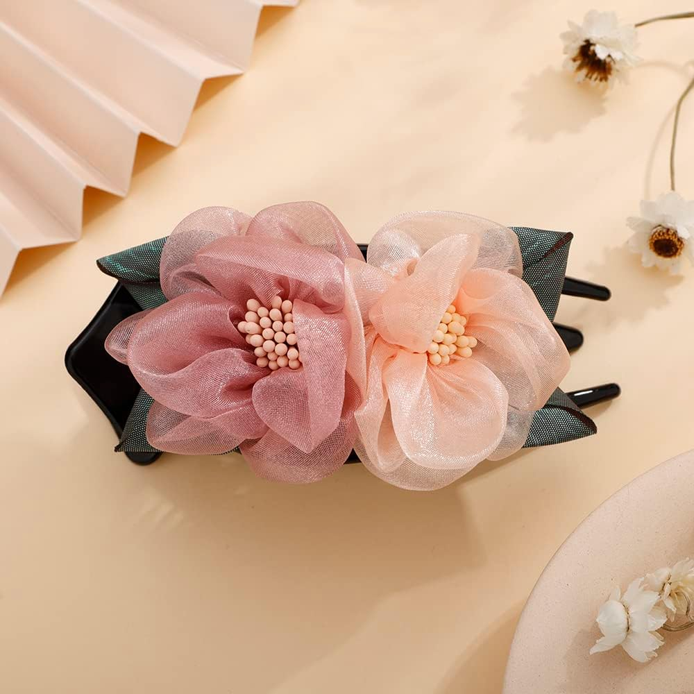 Jumwrit Double Flower Hair Clip Vintage Duckbill Barrette French Concord Hair Clip Strong Hold Grip Clip Curved Hair Claw No Slip Ponytail Hair Clip Decorative Hair Accessories for Women Girls(Style2)