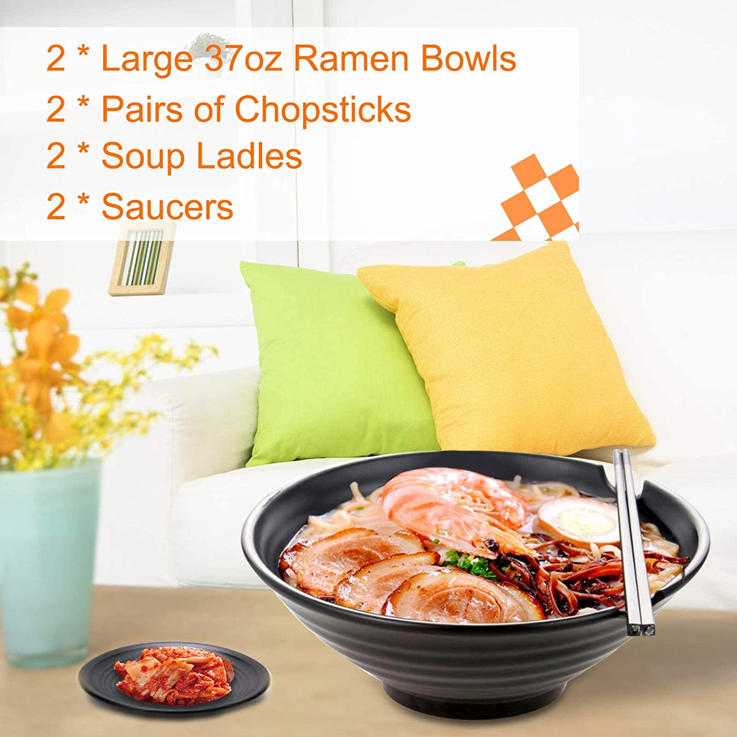 YOZOTI Large Ramen Bowl Set, 2 Ramen Bowl with Chopsticks, Soup Spoons & Saucers, Japanese-Style Ramen Noodle Bowl, Sleek Ramen Bowls, Noodle Bowl for Udon, Pho, Soups & More image number 4