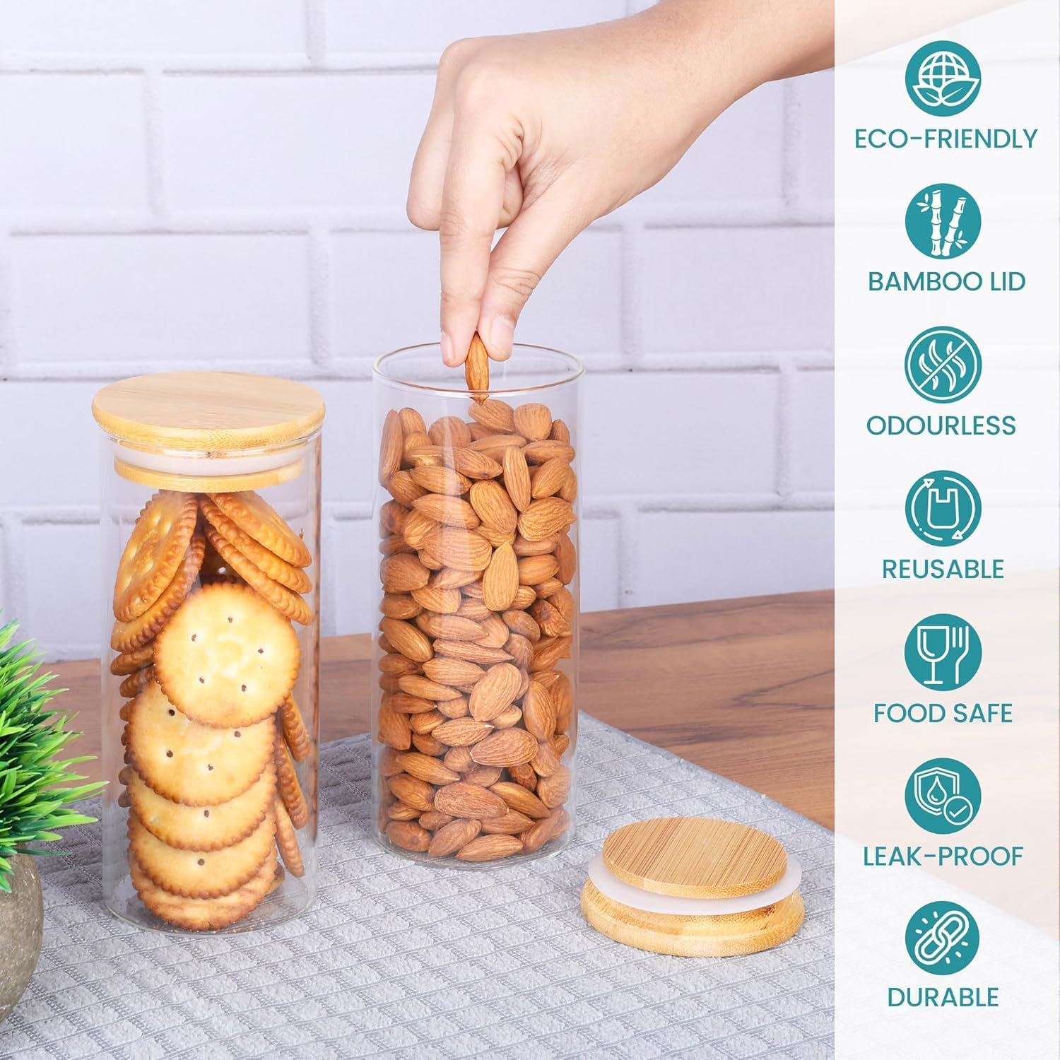 6 Pack Airtight Glass Storage Canister with Bamboo Lid (18.6Oz/43.9Oz/67.6Oz), Glass Food Storage Containers for Pasta, Oats, Coffee, Flour, Sugar, Rice, Spice, Best for Kitchen & Pantry image number 3