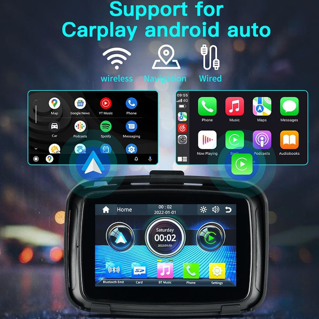 Portable Motorcycle Monitor Compatible with Wireless Apple Carplay and Android Auto 5'' IPS Waterproof Ipx6 Dual Bluetooth Car Touch Screen Built-In Speaker for Motorbike Powered by 5V~50V image number 1