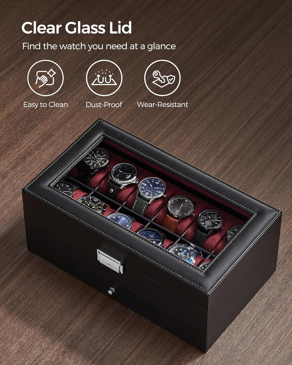 SONGMICS 12-Slot Watch Box, Lockable Watch Case with Glass Lid, 2 Layers, with 1 Drawer for Rings, Bracelets,Black Synthetic Leather, Wine Red Lining UJWB012R01 - Black + Gray image number 2