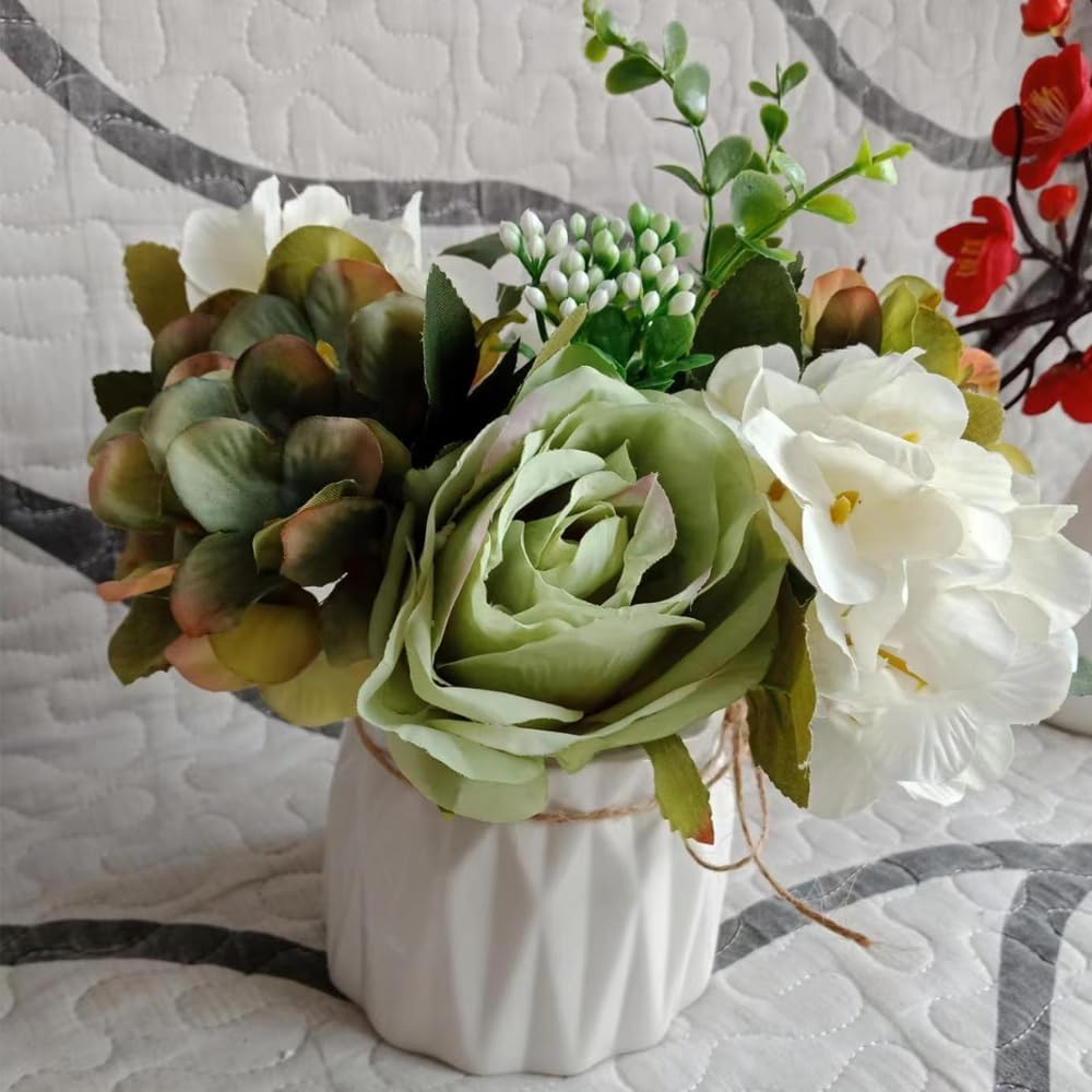 Hbluefat Small Artificial Flowers with Vase,Hydrangea Silk Roses Faux Flower in Ceramic Vase,Faux Flower Arrangement with Vase Suitable for Home Office Decoration,Dining Table Centerpiece (Vitality) - Green Daisy image number 6